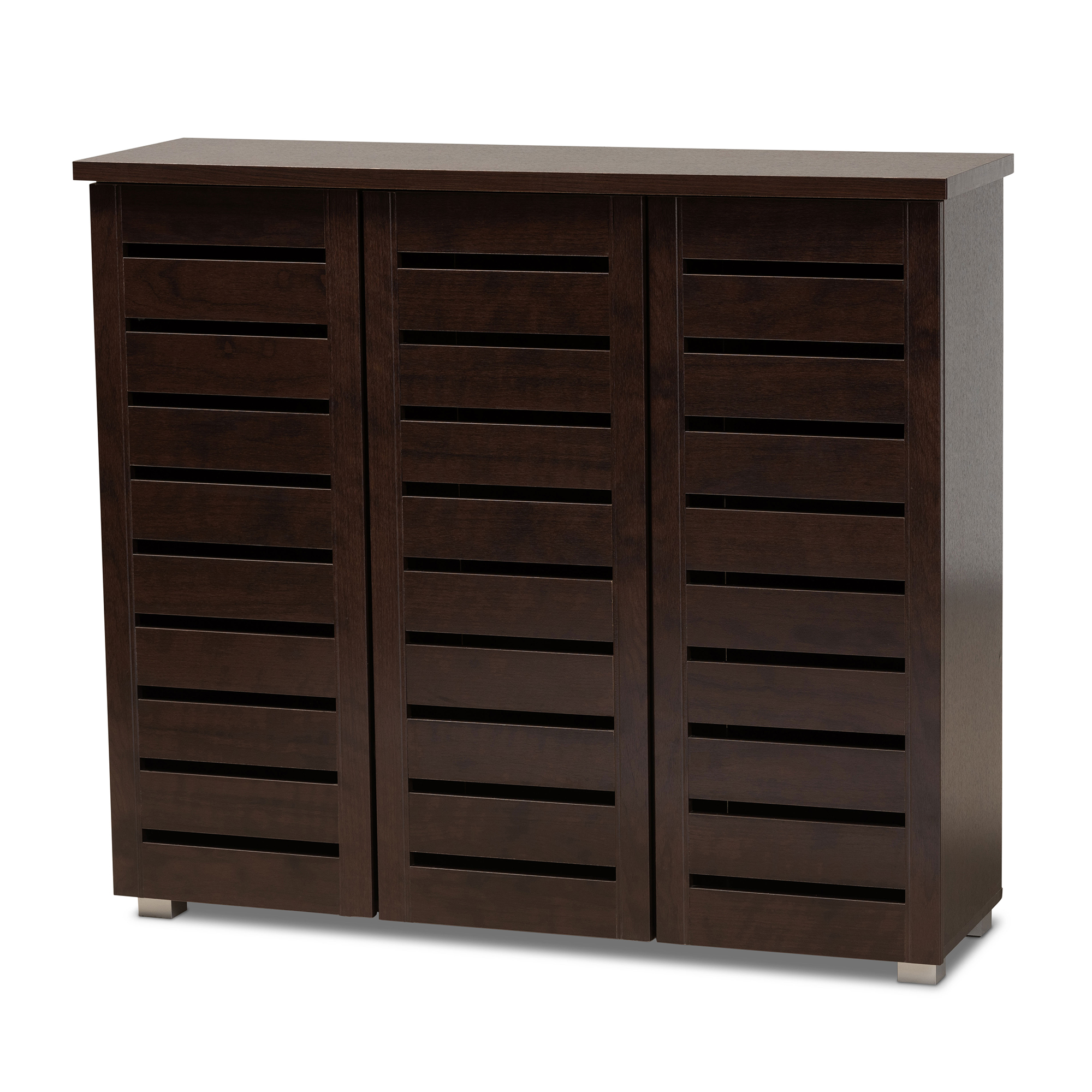 Baxton Studio Adalwin Modern and Contemporary 3-Door Dark Brown Wooden Entryway Shoes Storage Cabinet Affordable modern furniture in Chicago, Classic Shoe Storage Seating Bench, cheap shoe storage, cheap entry way bench
