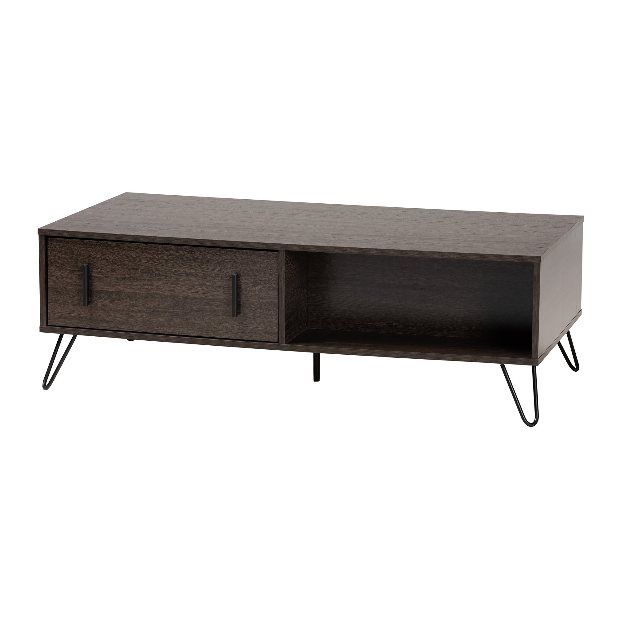 Baxton Studio Baldor Modern and Contemporary Dark Brown Finished Wood and Black Metal 2-Drawer Coffee Table Affordable modern furniture in Chicago, classic living room furniture, modern coffee table, cheap coffee table