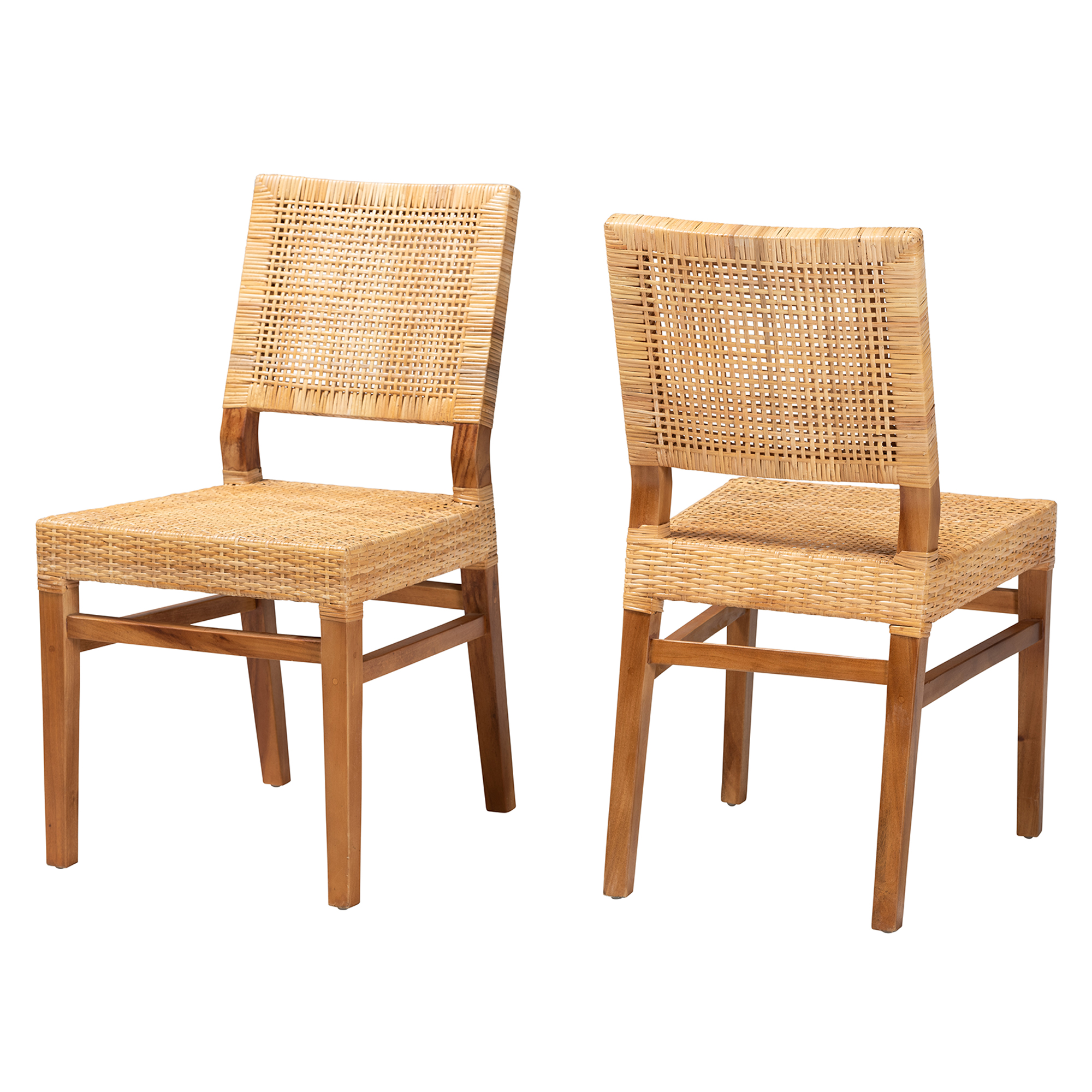 Baxton Studio Lesia Modern Bohemian Natural Brown Rattan and Walnut Brown Mahogany Wood 2-Piece Dining Chair Set Affordable modern furniture in Chicago, classic dining room furniture, modern dining chairs, cheap dining chairs