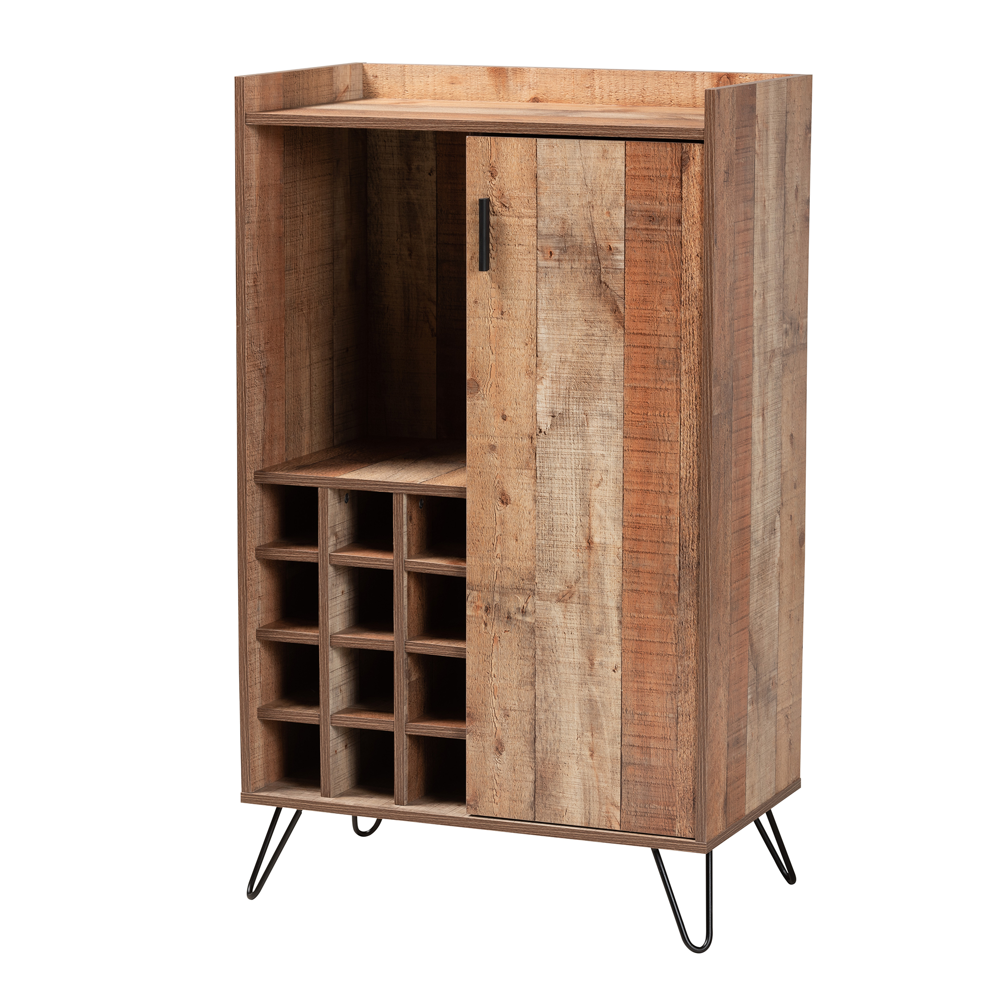 Baxton Studio Mathis Modern and Contemporary Rustic Brown Finished Wood and Black Metal Wine Storage Cabinet Affordable modern furniture in Chicago, classic wine cabinet, modern wine cabinet, cheap wine cabinet