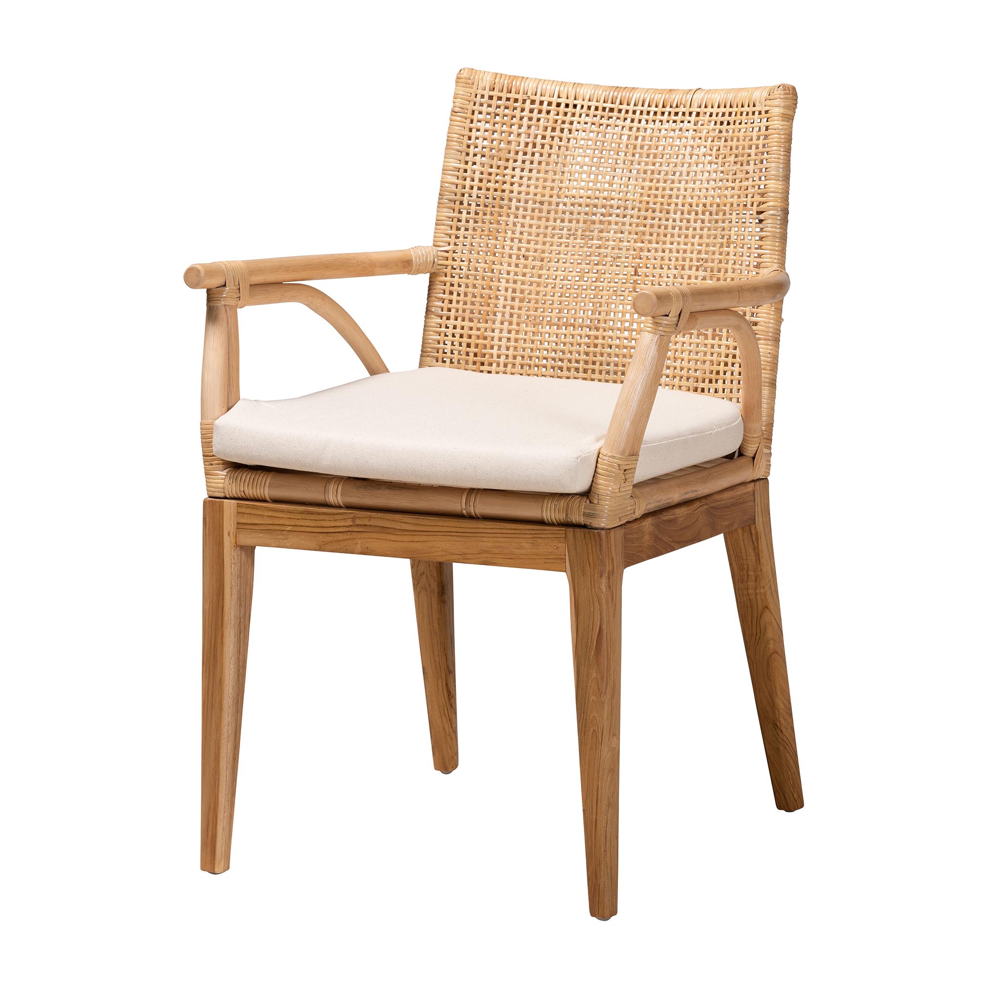 bali & pari Storsel Modern Bohemian Natural Brown Finished Teak Wood and Rattan Dining Chair Affordable modern furniture in Chicago, classic dining room furniture, modern dining chairs, cheap dining chairs