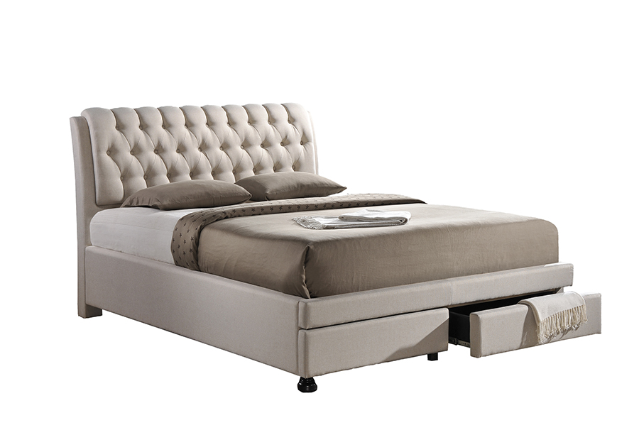 Baxton Studio Ainge Contemporary Button-Tufted Light Beige Fabric Upholstered Storage King-Size  Bed with 2-drawer