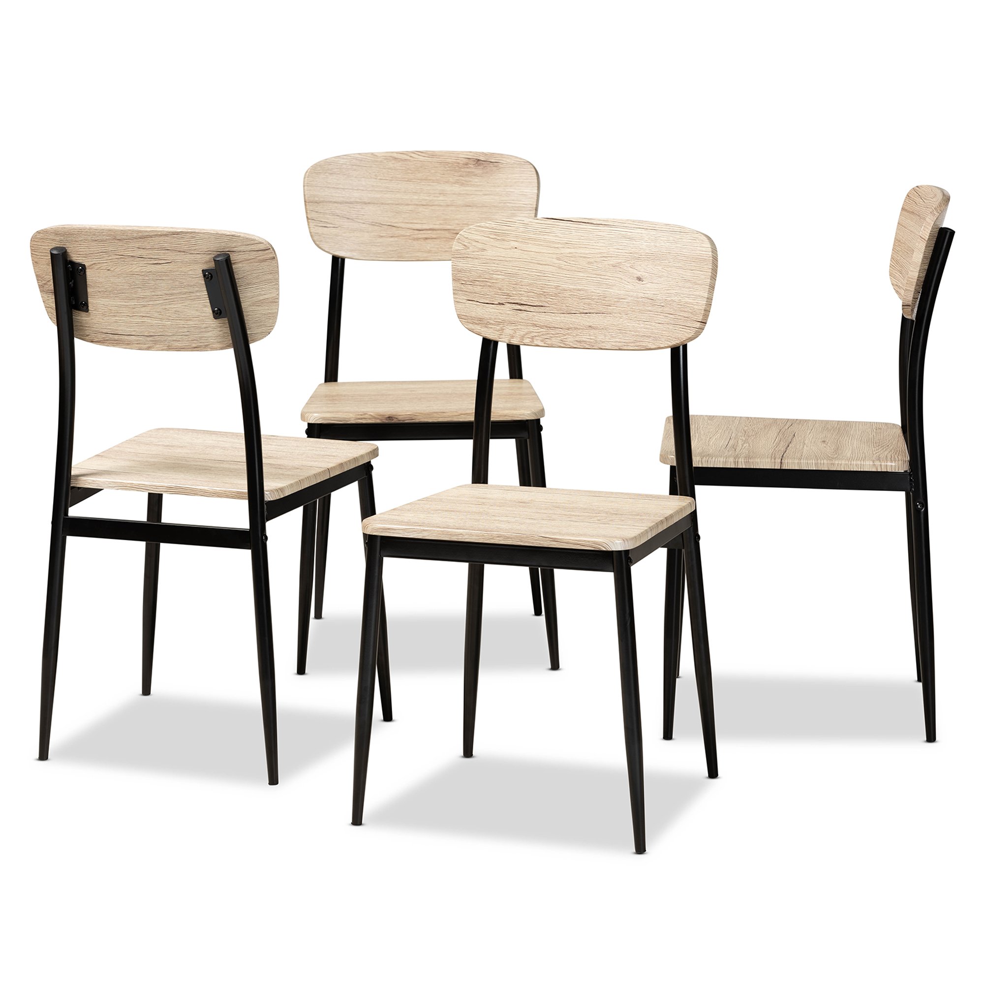 Baxton Studio Honore Mid-Century Modern Light Brown Finished Wood and Black Metal 4-Piece Dining Chair Set