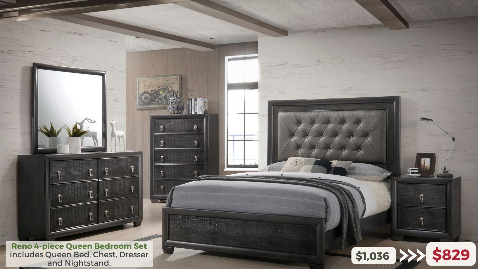 Reno 4-piece Queen Bedroom Set includes Queen Bed, Chedst, Dresser and Nightstand. $829