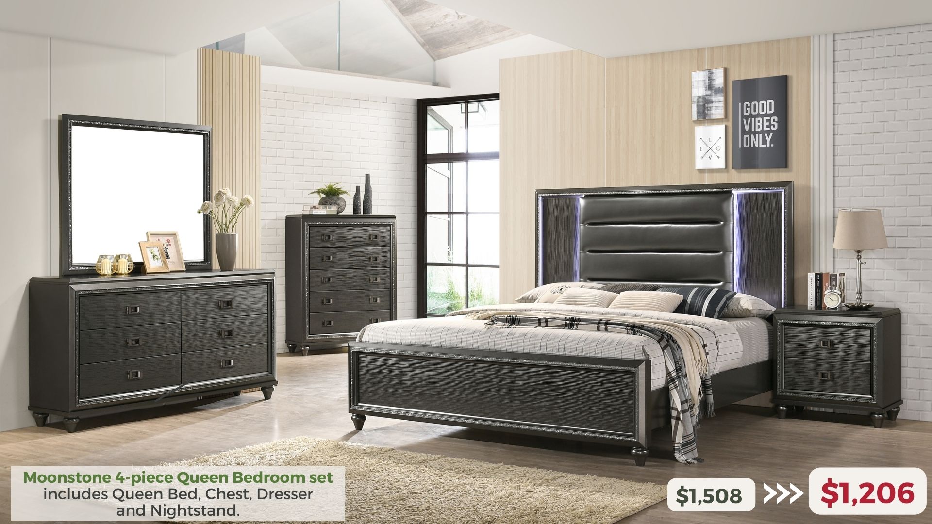 Moonstone 4-piece Queen Bedroom Set includes Queen Bed, Chest, Dresser and Nightstand. $1,206