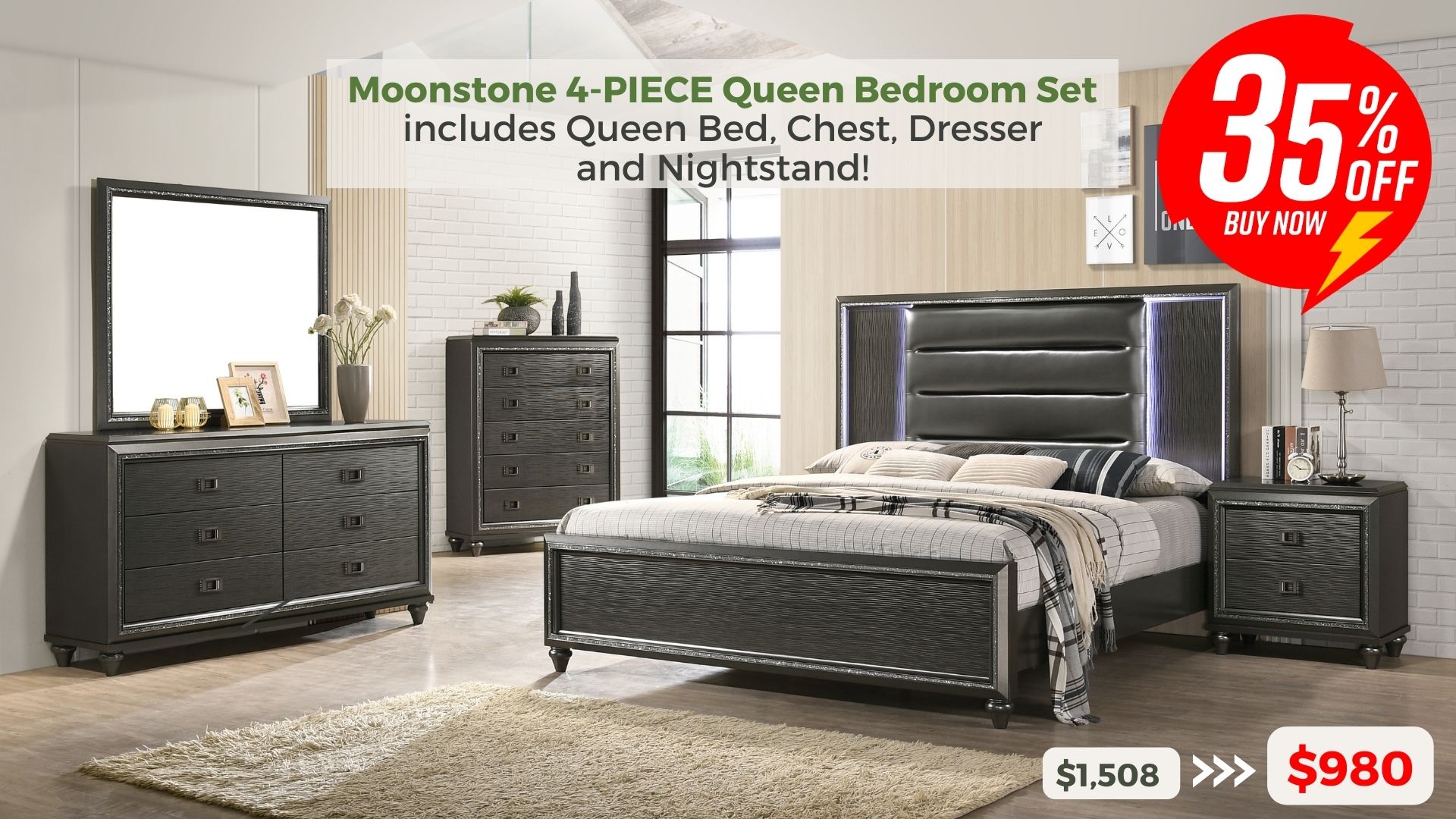 Moonstone 4-piece Queen Bedroom Set includes Queen Bed, Chest, Dresser and Nightstand. 35% off buy now $980