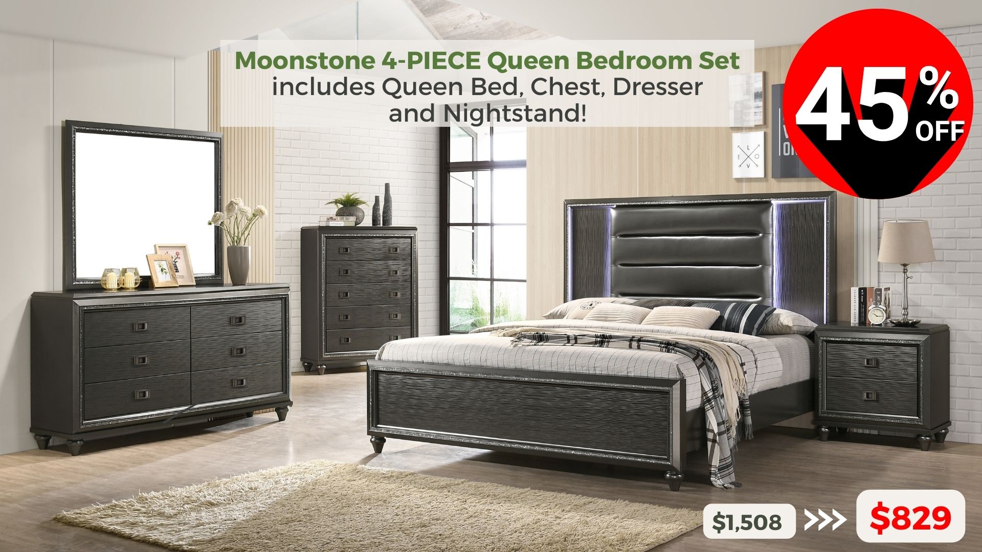Moonstone 4-piece Queen Bedroom Set includes Queen Bed, Chest, Dresser and Nightstand. 45% off buy now $829