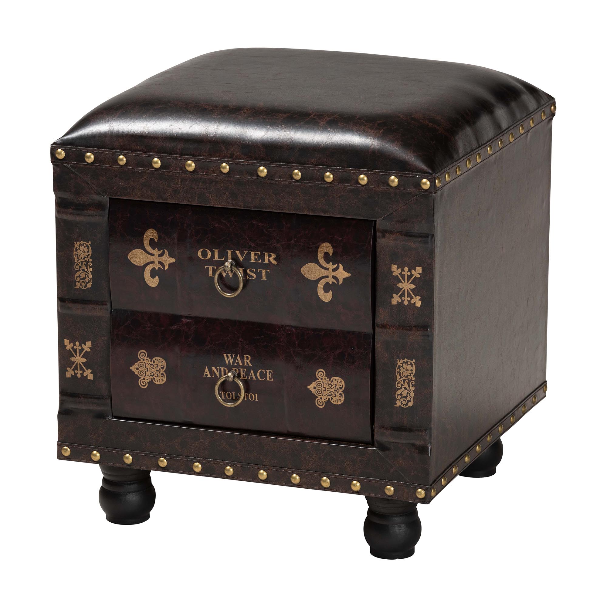Baxton Studio Charlier Rustic Antique Inspired Dark Brown Faux Leather Upholstered Wood Storage Ottoman with Book Spine Drawer Affordable modern furniture in Chicago, classic living room furniture, modern ottomans, cheap ottomans
