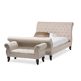 Baxton Studio Arran Light Beige Linen Queen Platform Bed With Bench Platform Bed, Bedroom-Furniture Discount Buy, Brown Wood Legs