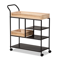 Baxton Studio Calais Modern Industrial Oak Brown Finished Wood and Black Metal Mobile Kitchen Cart with Rattan Affordable modern furniture in Chicago, classic dining room furniture, modern kitchen cart, cheap kitchen cart