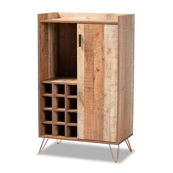 Baxton Studio Mathis Modern and Contemporary Rustic Brown Finished Wood and Rose Gold Finished Metal Wine Storage Cabinet Affordable modern furniture in Chicago, classic wine cabinet, modern wine cabinet, cheap wine cabinet