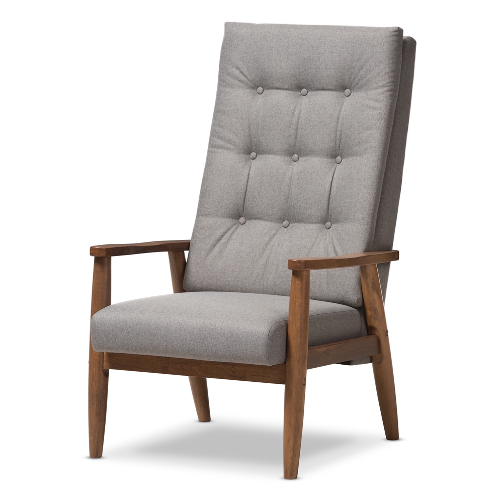 Baxton Studio Roxy Mid-Century Modern Walnut Brown Finish Wood and Grey Fabric Upholstered Button-Tufted High-Back Chair