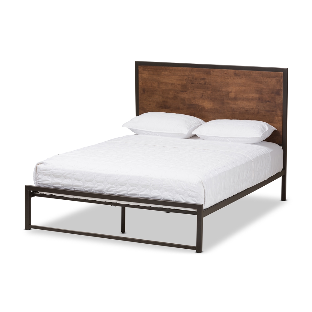 Baxton Studio Santa Rustic Industrial Black Finished Metal Coco Brown Wood Queen Size Platform Bed