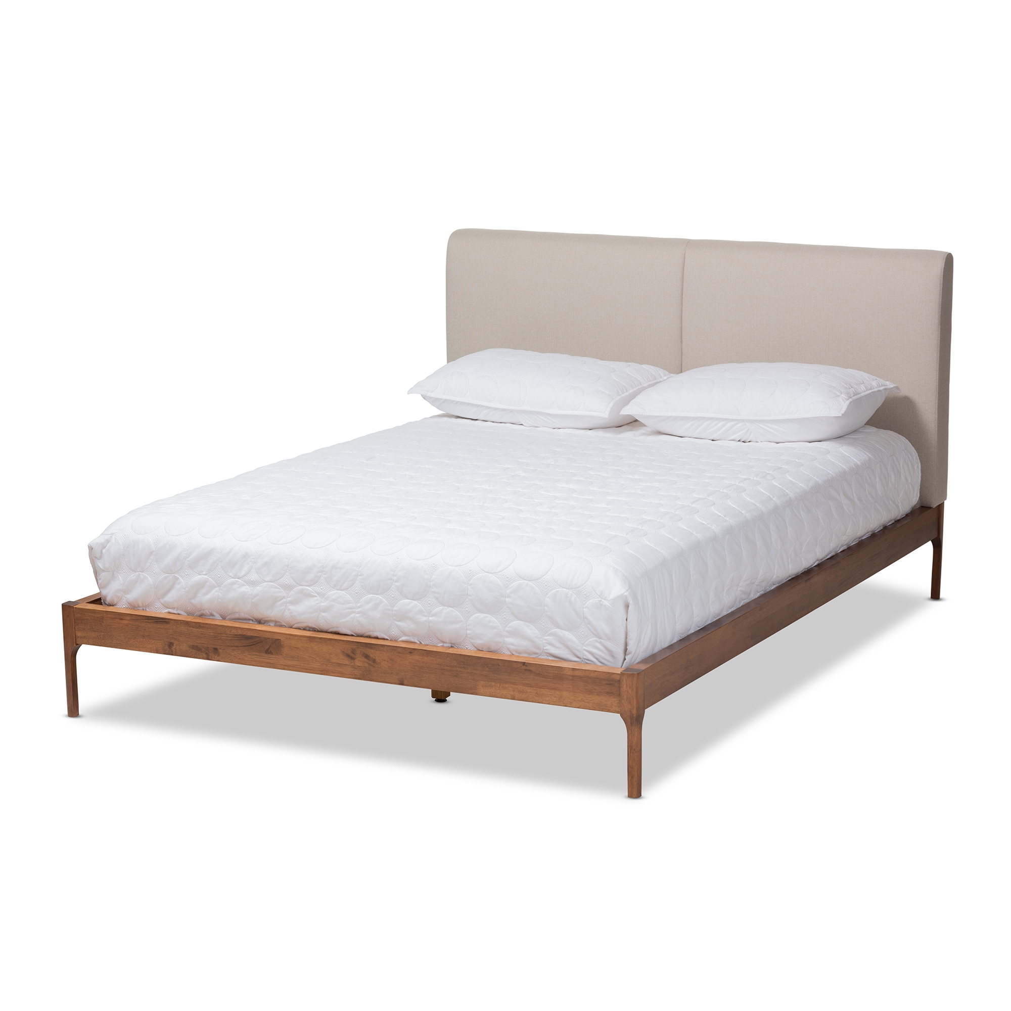 Baxton Studio Aveneil Mid-Century Modern Beige Fabric Upholstered Walnut Finished Full Size Platform Bed