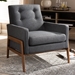 Baxton Studio Perris Mid-Century Modern Dark Grey Fabric Upholstered Walnut Wood Lounge Chair - BSOBBT8042-Dark Grey-CC