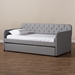 Baxton Studio Camelia Modern and Contemporary Grey Fabric Upholstered Button-Tufted Twin Size Sofa Daybed with Roll-Out Trundle Guest Bed - BSOCamelia-Light Grey-Daybed