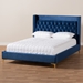 Baxton Studio Valery Modern and Contemporary Navy Blue Velvet Fabric Upholstered Queen Size Platform Bed with Gold-Finished Legs - BSOBBT6740-Navy Blue-Queen