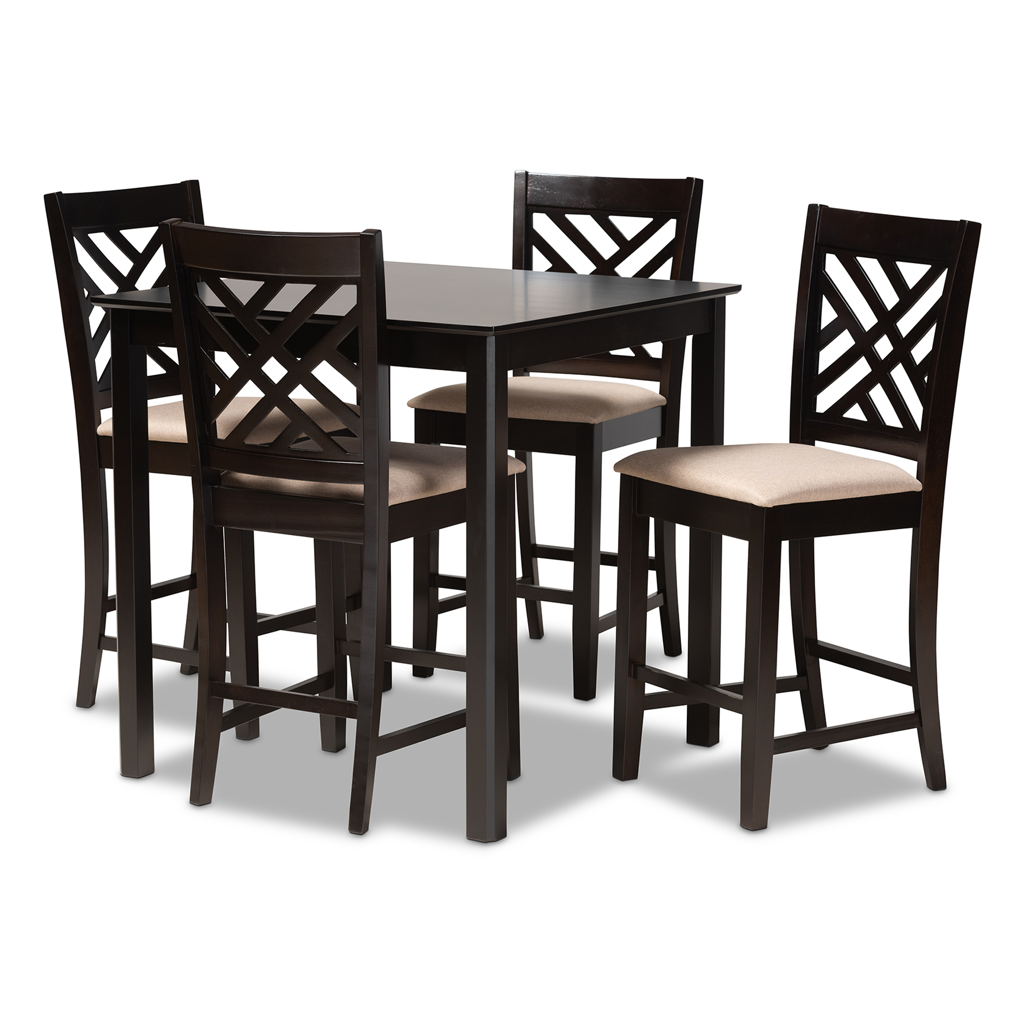 Baxton Studio Caron Modern and Contemporary Sand Fabric Upholstered Espresso Brown Finished 5-Piece Wood Pub Set