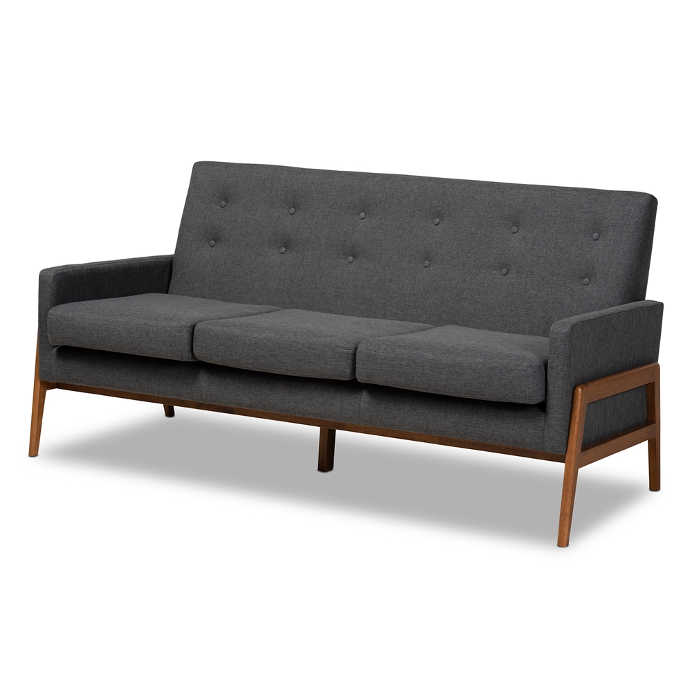 Baxton Studio Perris Mid-Century Modern Dark Grey Fabric Upholstered Walnut Finished Wood Sofa