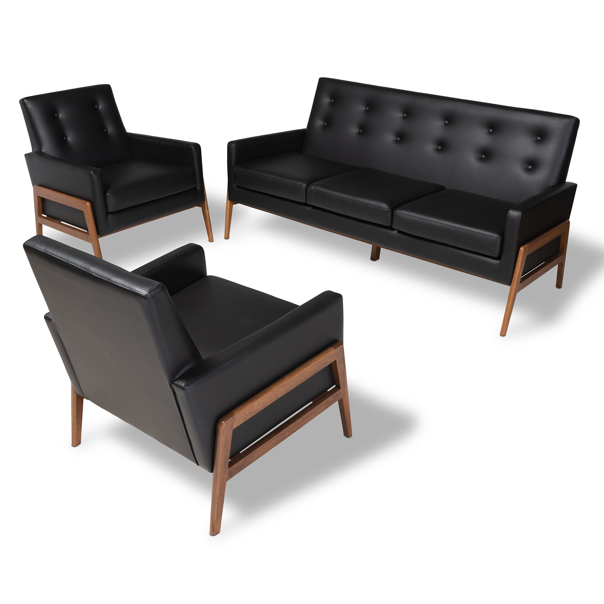Baxton Studio Perris Mid Century Modern Black Faux Leather Upholstered Walnut Finished Wood 3 Piece Living