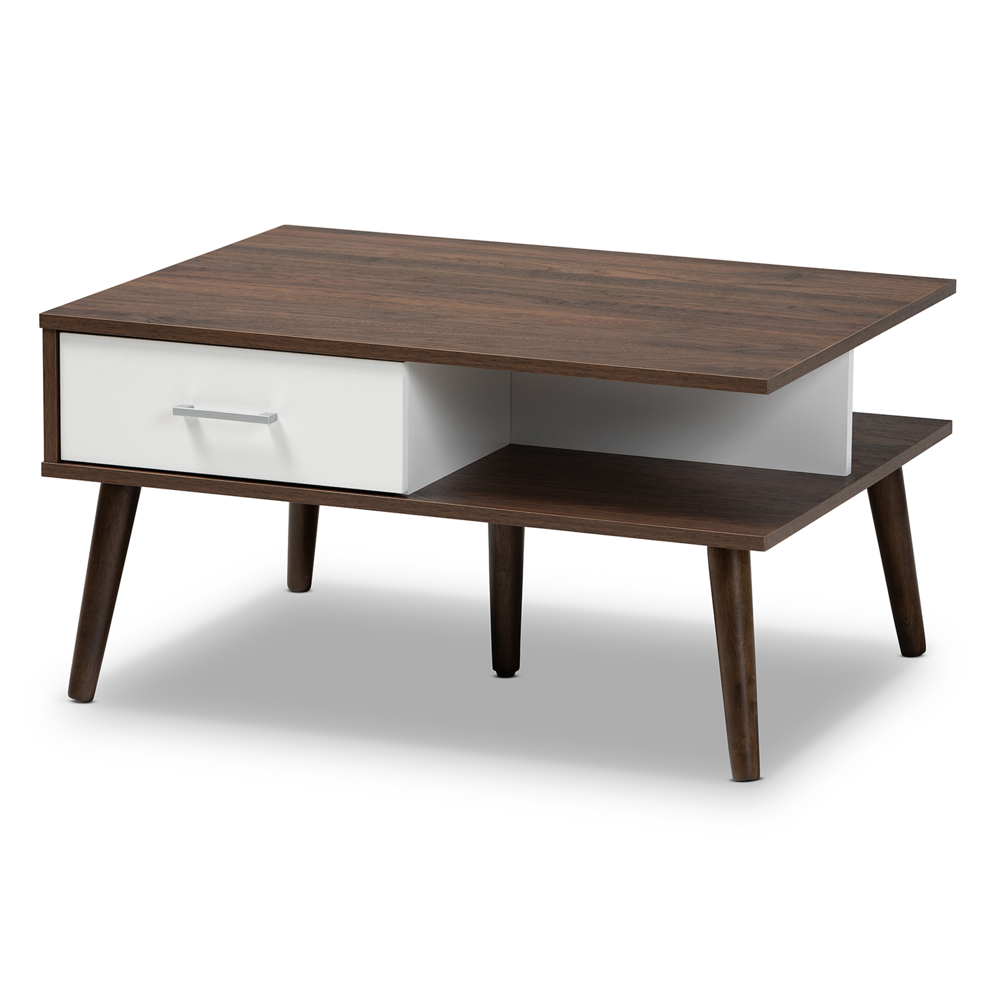 Baxton Studio Merlin Mid Century Modern Two Tone Walnut And White Finished 2 Drawer Wood Coffee