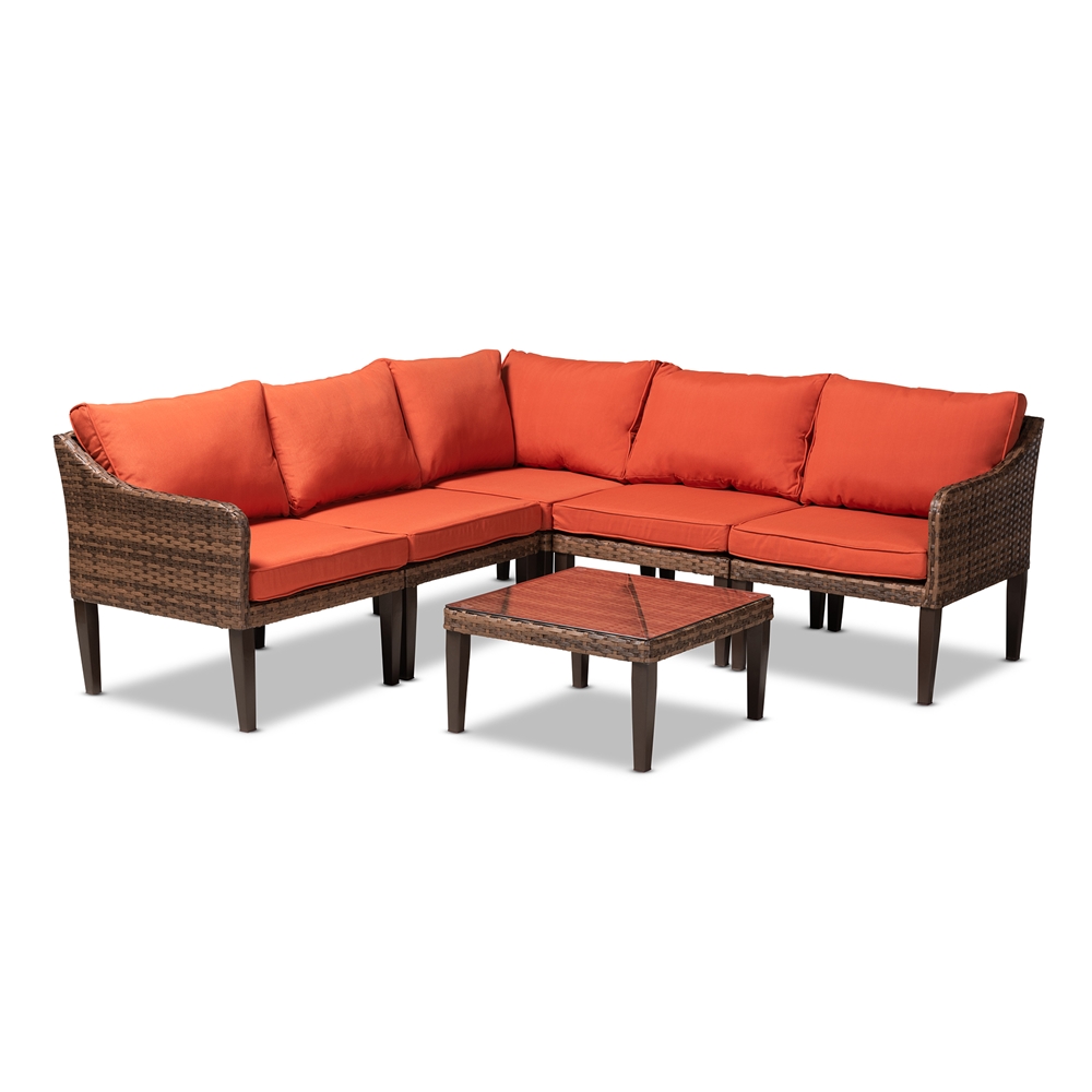 Baxton Studio Breida Modern and Contemporary Orange Fabric Upholstered and Brown Finished 6-Piece Woven Rattan Outdoor Patio Set
