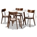 Baxton Studio Reba Mid-Century Modern Light Beige Fabric Upholstered and Walnut Brown Finished Wood 5-Piece Dining Set with Faux Marble Dining Table - BSOReba-Latte/Walnut-5PC Dining Set