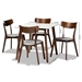 Baxton Studio Reba Mid-Century Modern Light Grey Fabric Upholstered and Walnut Brown Finished Wood 5-Piece Dining Set with Faux Marble Dining Table - BSOReba-Smoke/Walnut-5PC Dining Set