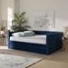 Baxton Studio Larkin Modern and Contemporary Navy Blue Velvet Fabric Upholstered Full Size Daybed with Trundle - BSOCF9227-Navy Blue Velvet-Daybed-F/T