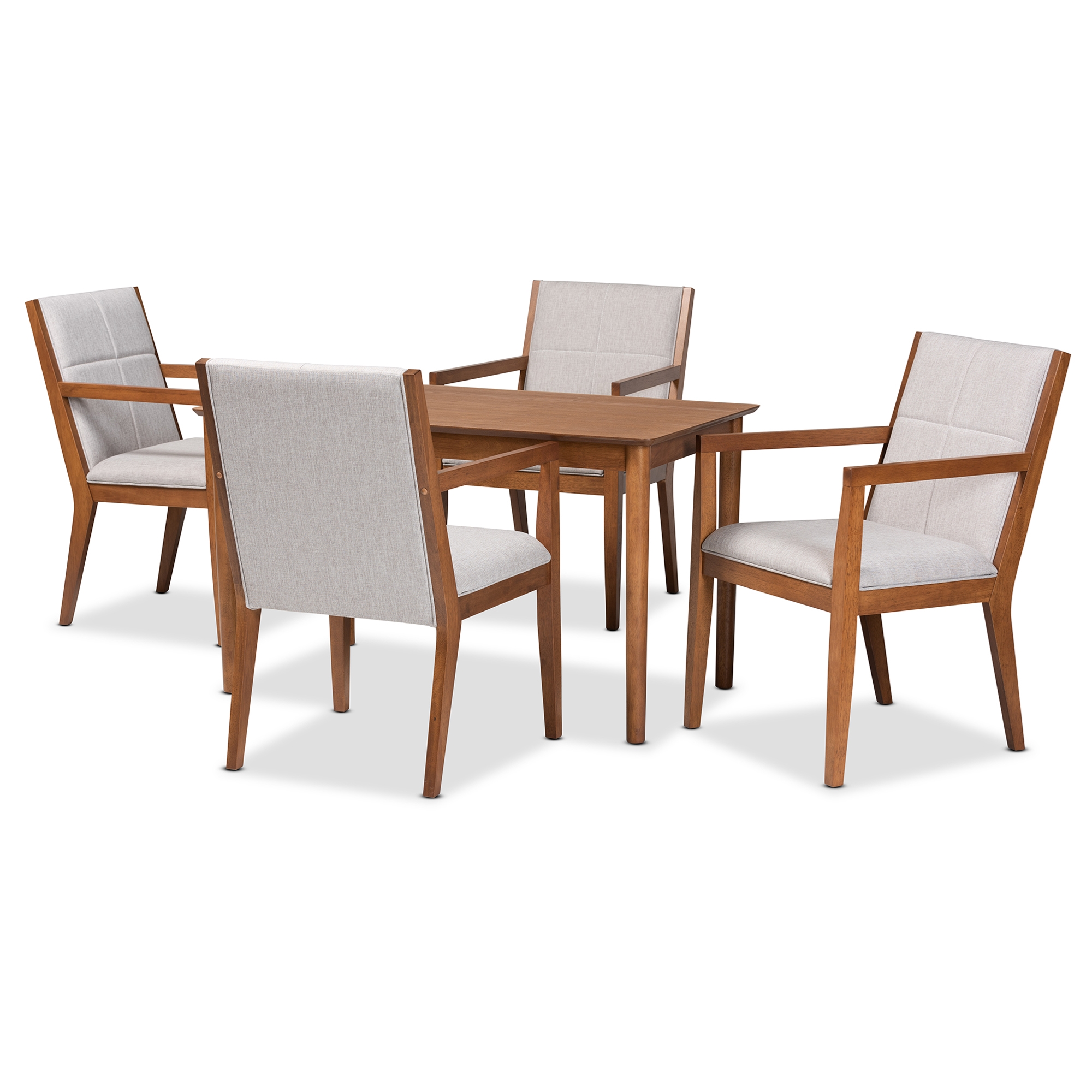 Baxton Studio Theresa Mid-Century Modern Greyish Beige Fabric Upholstered and Walnut Brown Finished Wood 5-Piece Dining Set