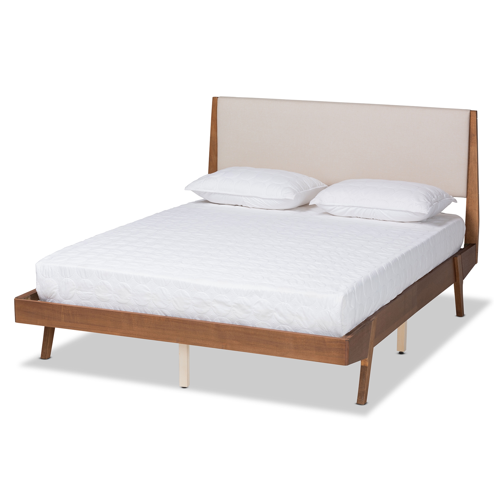Baxton Studio Senna Mid-Century Modern Beige Fabric Upholstered and Walnut Brown Finished Wood Queen Size Platform Bed