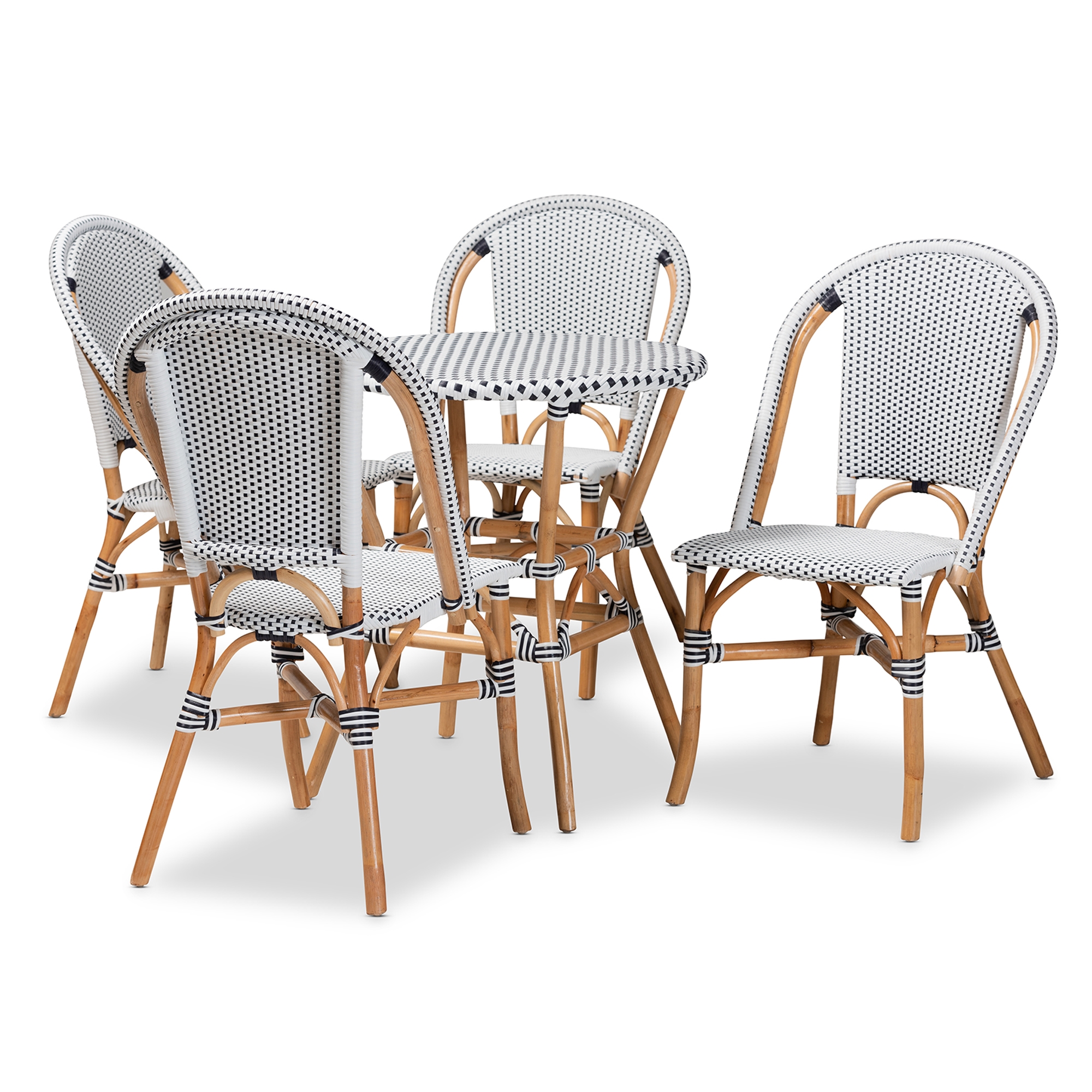 Baxton Studio Genica Classic French Black and White Waeving and Natural Brown Rattan 5-Piece Dining Chair Set