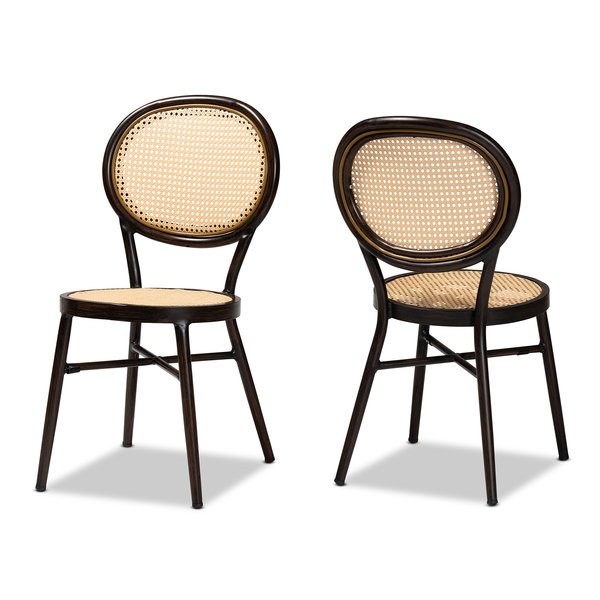 Baxton Studio Thalia Mid-Century Modern Dark Brown Finished Metal and Synthetic Rattan 2-Piece Outdoor Dining Chair Set