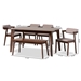 Baxton Studio Althea Mid-Century Modern Transitional Warm Grey Fabric and Dark Brown Finished Wood 6-Piece Dining Set - BSOEvangelina-Grey/Cappuccino-6PC Dining Set
