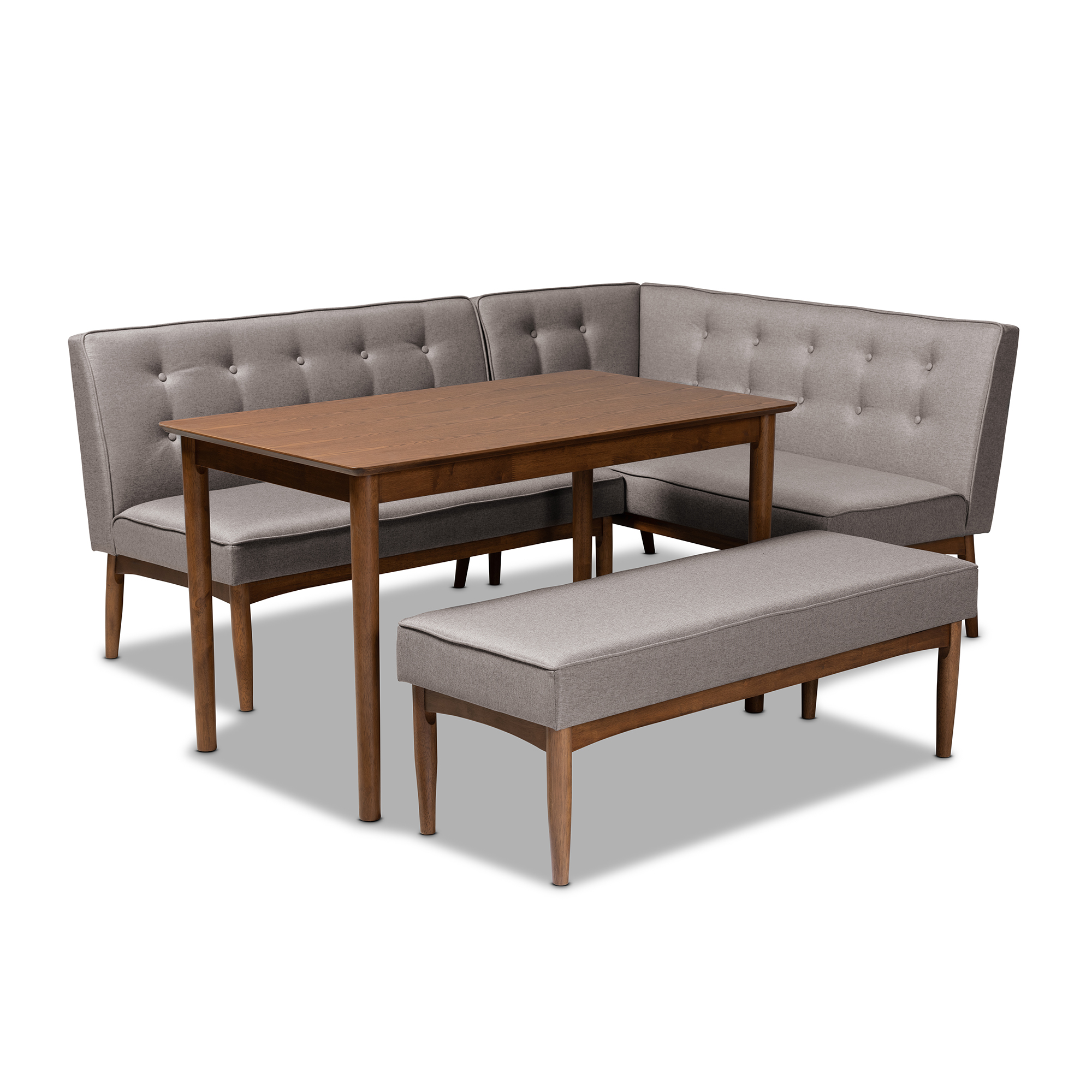 Baxton Studio Arvid Mid-Century Modern Gray Fabric Upholstered 4-Piece Wood Dining Nook Set Affordable modern furniture in Chicago, classic dining room furniture, modern dining sets, cheap dining sets