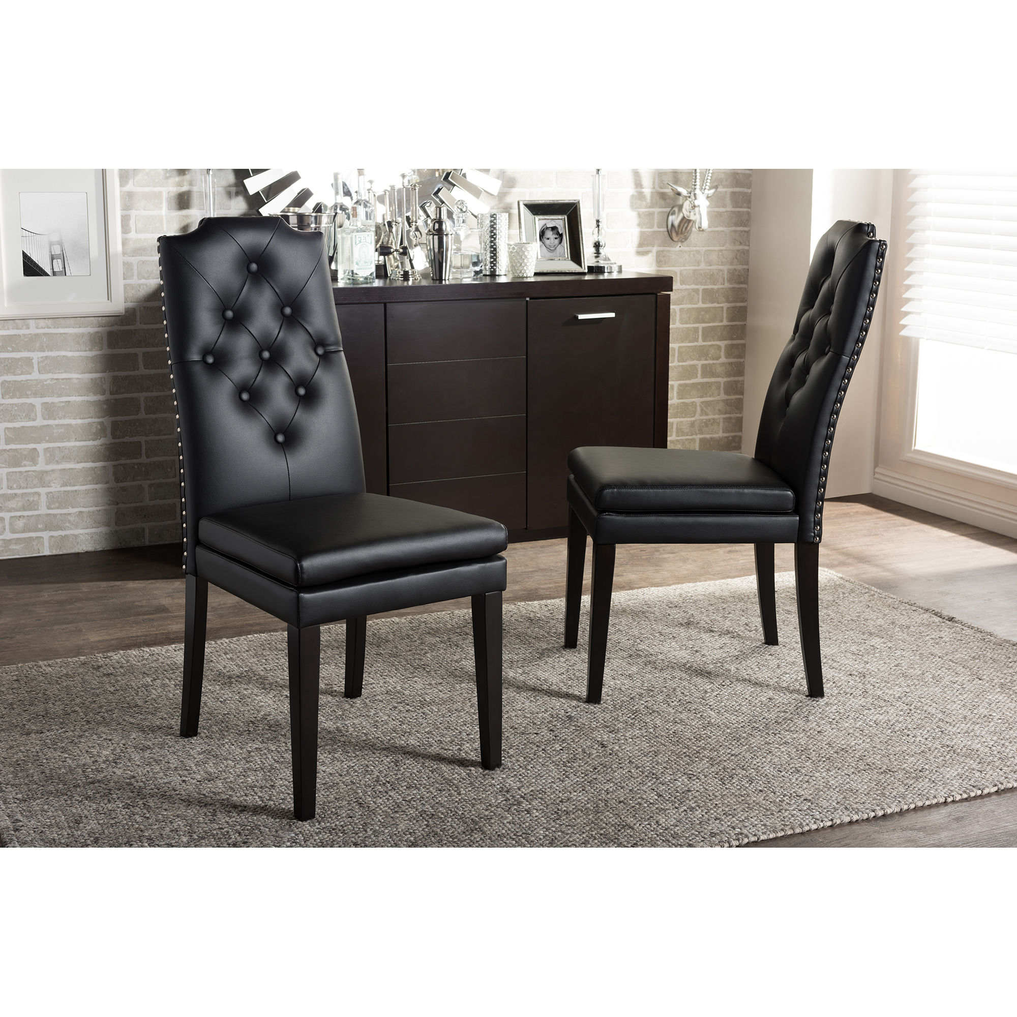 Baxton Studio Dylin Modern and Contemporary Black Faux Leather Button-Tufted Nail heads Trim Dining Chair Affordable modern furniture in Chicago, Classic Dining Chair, Modern Chair, cheap Chair,