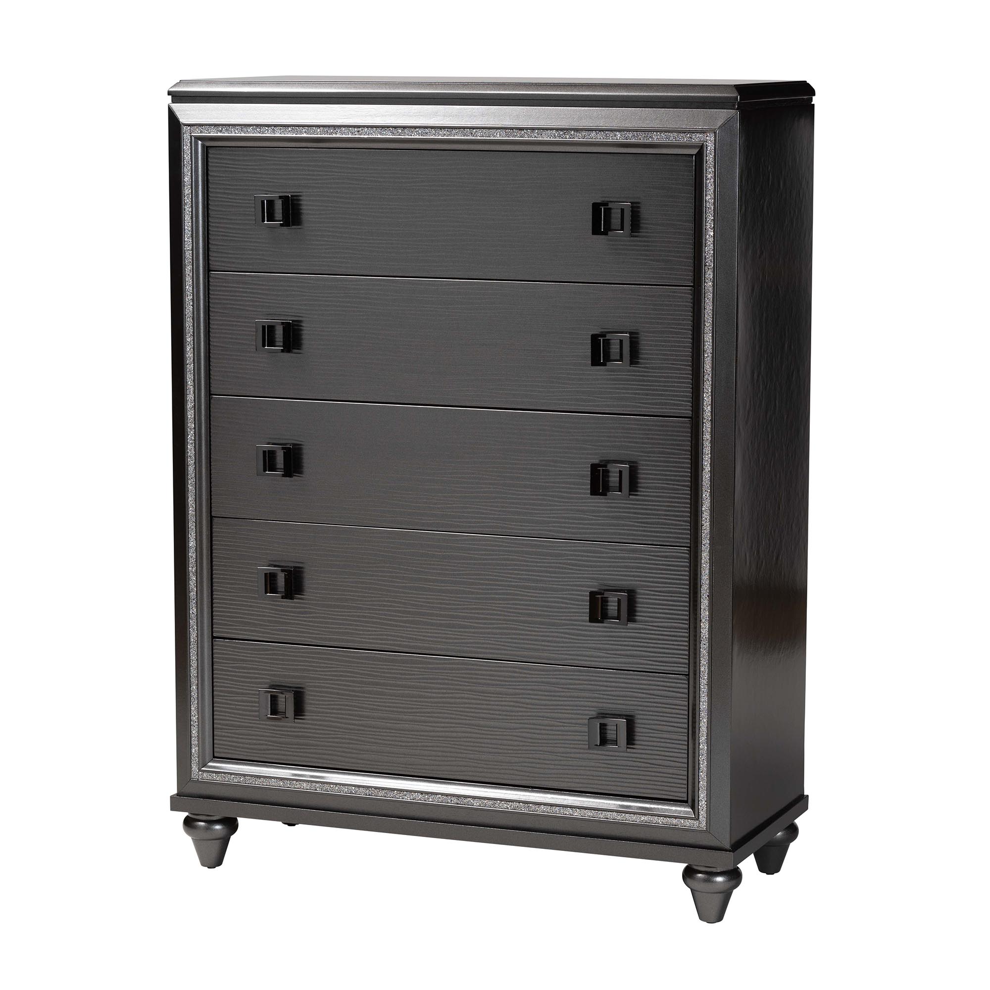 Baxton Studio Moonstone Modern Transitional Dark Grey Finished Wood 5-Drawer Chest Affordable modern furniture in Chicago, classic bedroom furniture, modern chest, cheap chest