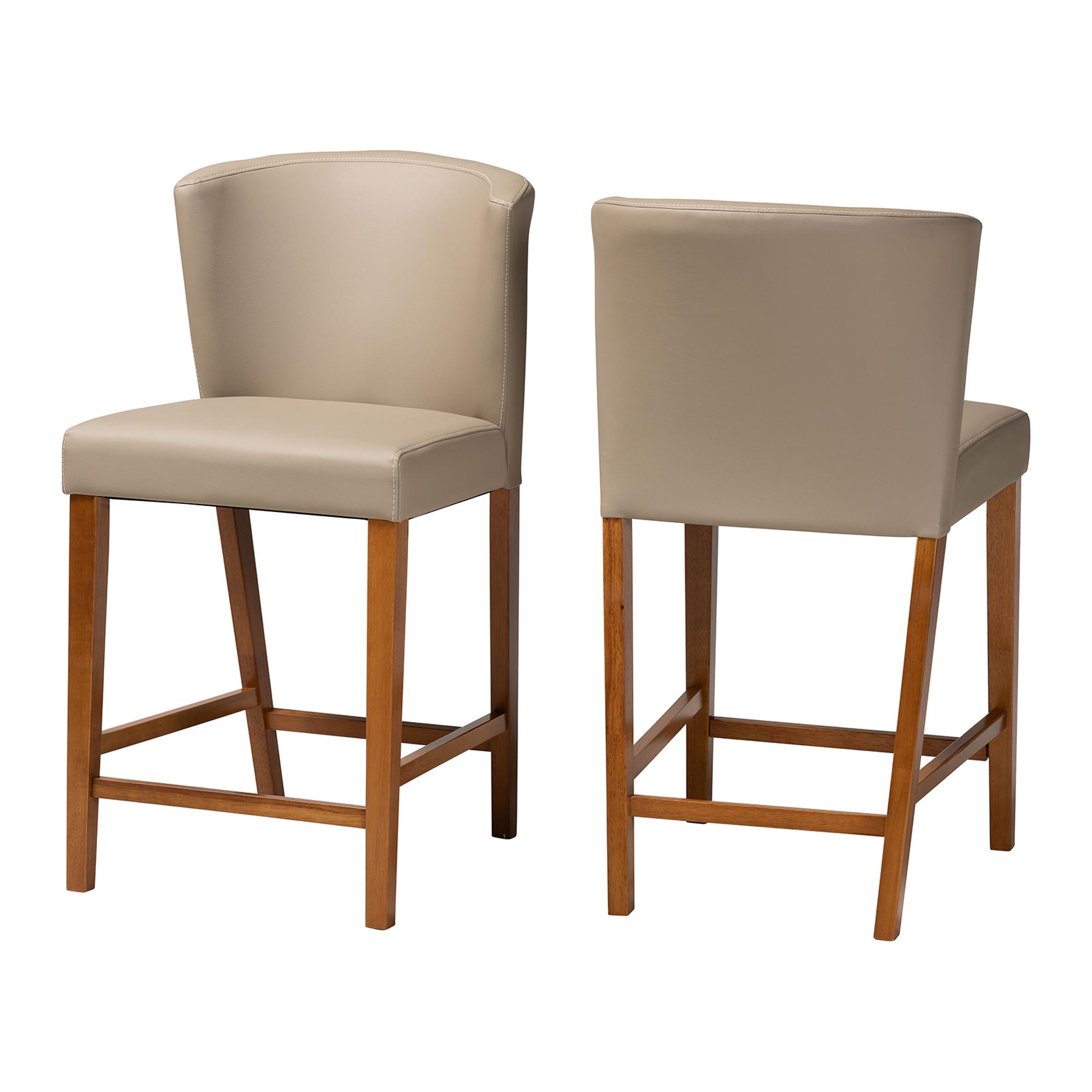 Baxton Studio Olivia Mid-century Modern Scandinavian Style Dark Walnut Wood Grey Faux Leather Pub Stool Affordable modern furniture in Chicago, Classic Bar Furnitur, Modern Bar Stool, cheap Bar Stools