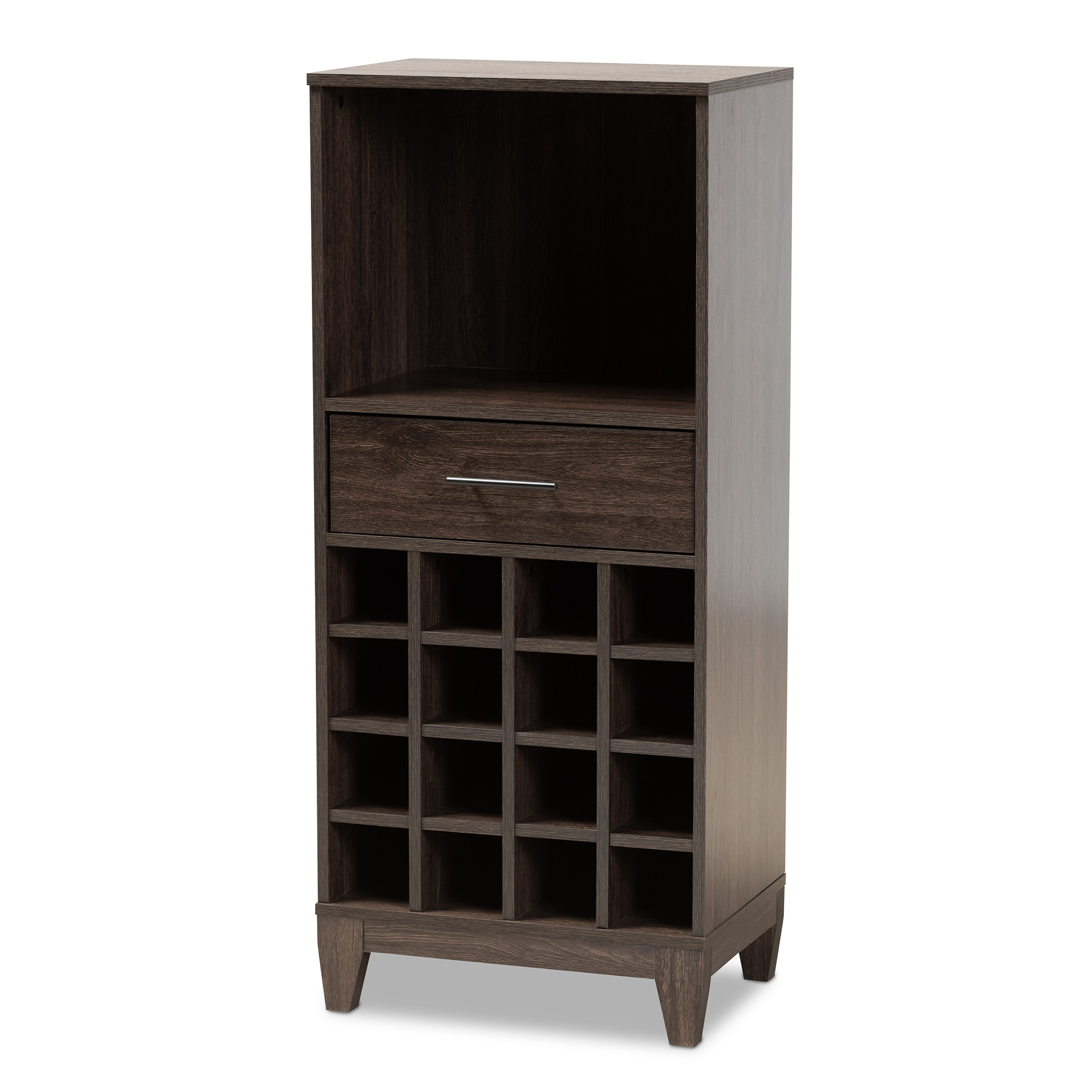 Baxton Studio Trenton Modern and Contemporary Dark Brown Finished Wood 1-Drawer Wine Storage Cabinet Affordable modern furniture in Chicago, classic wine cabinet, modern wine cabinet, cheap wine cabinet