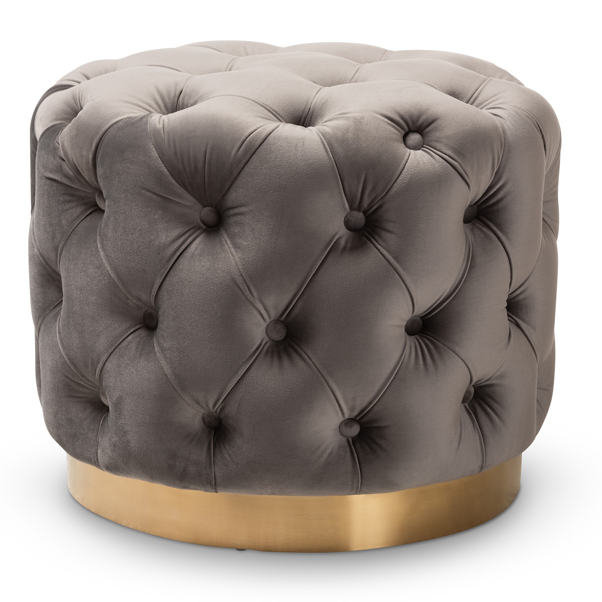 Baxton Studio Valeria Glam Gray Velvet Fabric Upholstered Gold-Finished Button Tufted Ottoman Affordable modern furniture in Chicago, classic living room furniture, modern ottoman, cheap ottomans