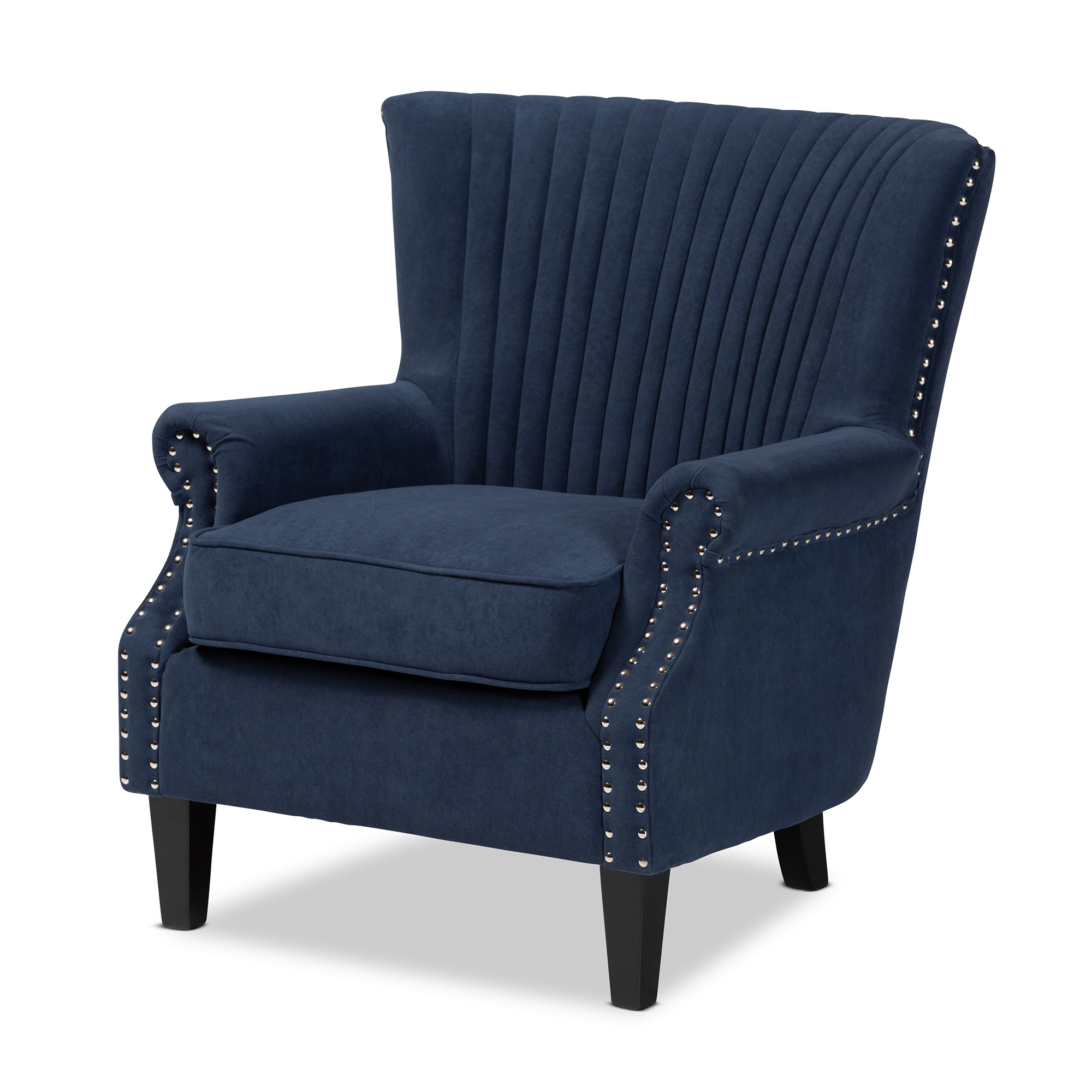 Baxton Studio Wilhelm Classic and Traditional Navy Blue Velvet Fabric Upholstered and Dark Brown Finished Wood Armchair Affordable modern furniture in Chicago, classic living room furniture, modern accent chair, cheap accent chair