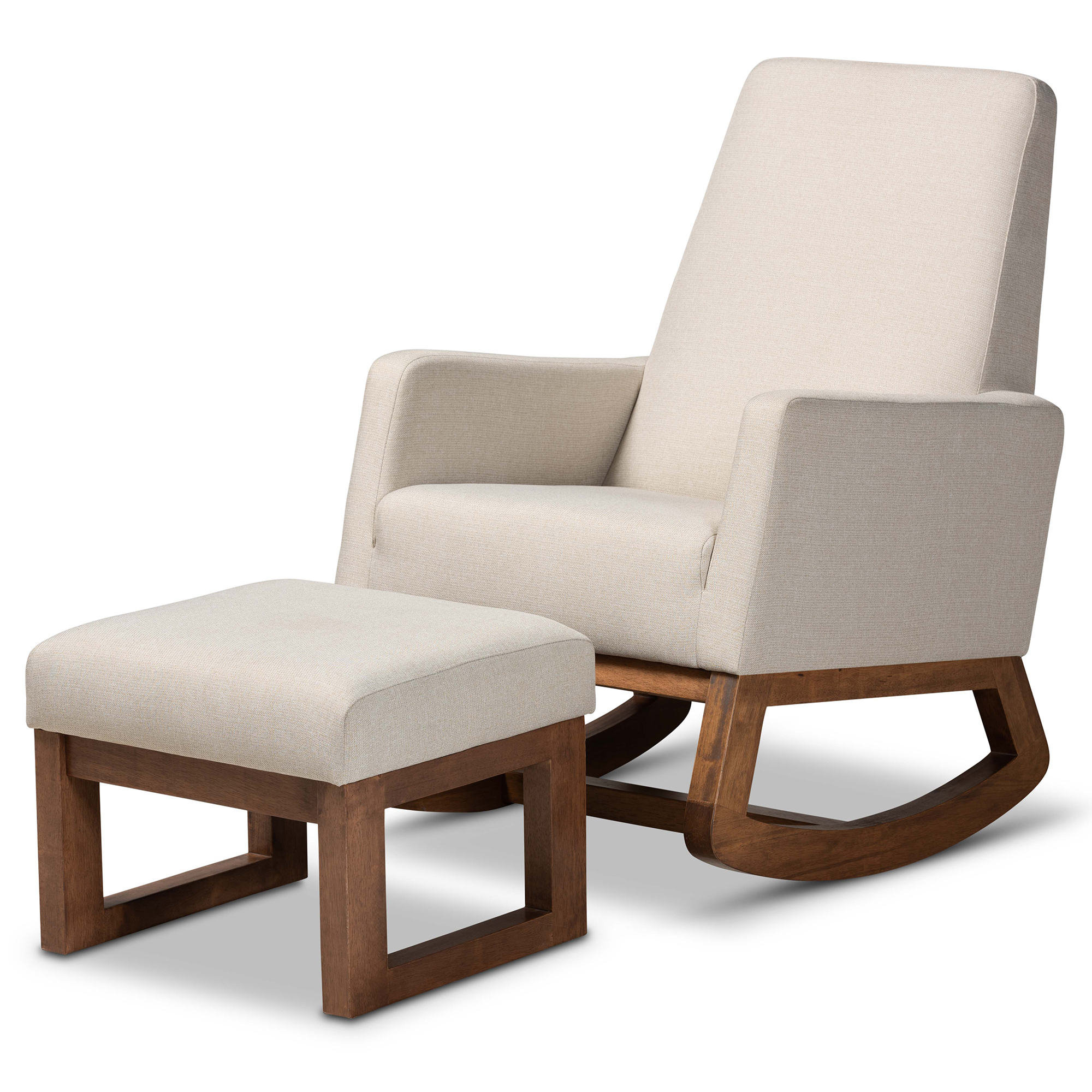 Baxton Studio Yashiya Mid-century Retro Modern Light Beige Fabric Upholstered Rocking Chair and Ottoman Set Affordable modern furniture in Chicago, classic living room furniture, modern standard ottomans and chairs, cheap standard ottomans set