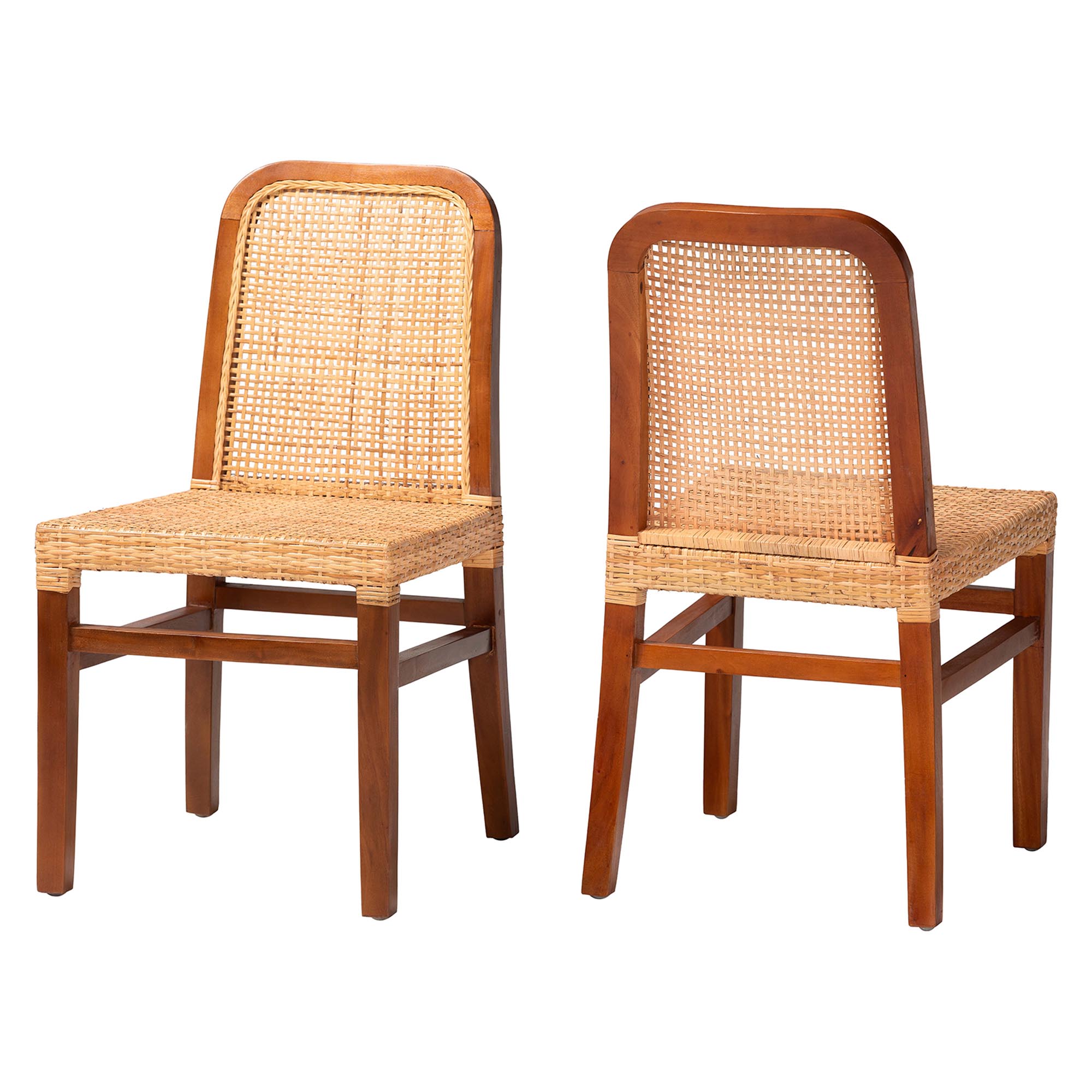 bali & pari Caspia Mid-Century Modern Walnut Brown Mahogany Wood and Natural Rattan 2-Piece Dining Chair Set Affordable modern furniture in Chicago, classic dining room furniture, modern dining chairs, cheap dining chairs