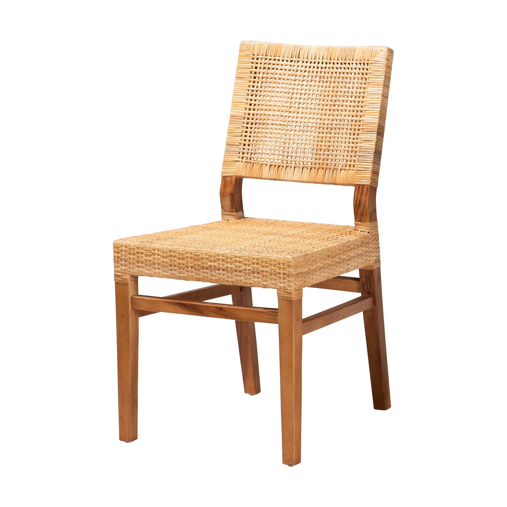bali & pari Lesia Modern Bohemian Natural Brown Rattan and Walnut Brown Mahogany Wood Dining Chair Affordable modern furniture in Chicago, classic dining room furniture, modern dining chairs, cheap dining chairs