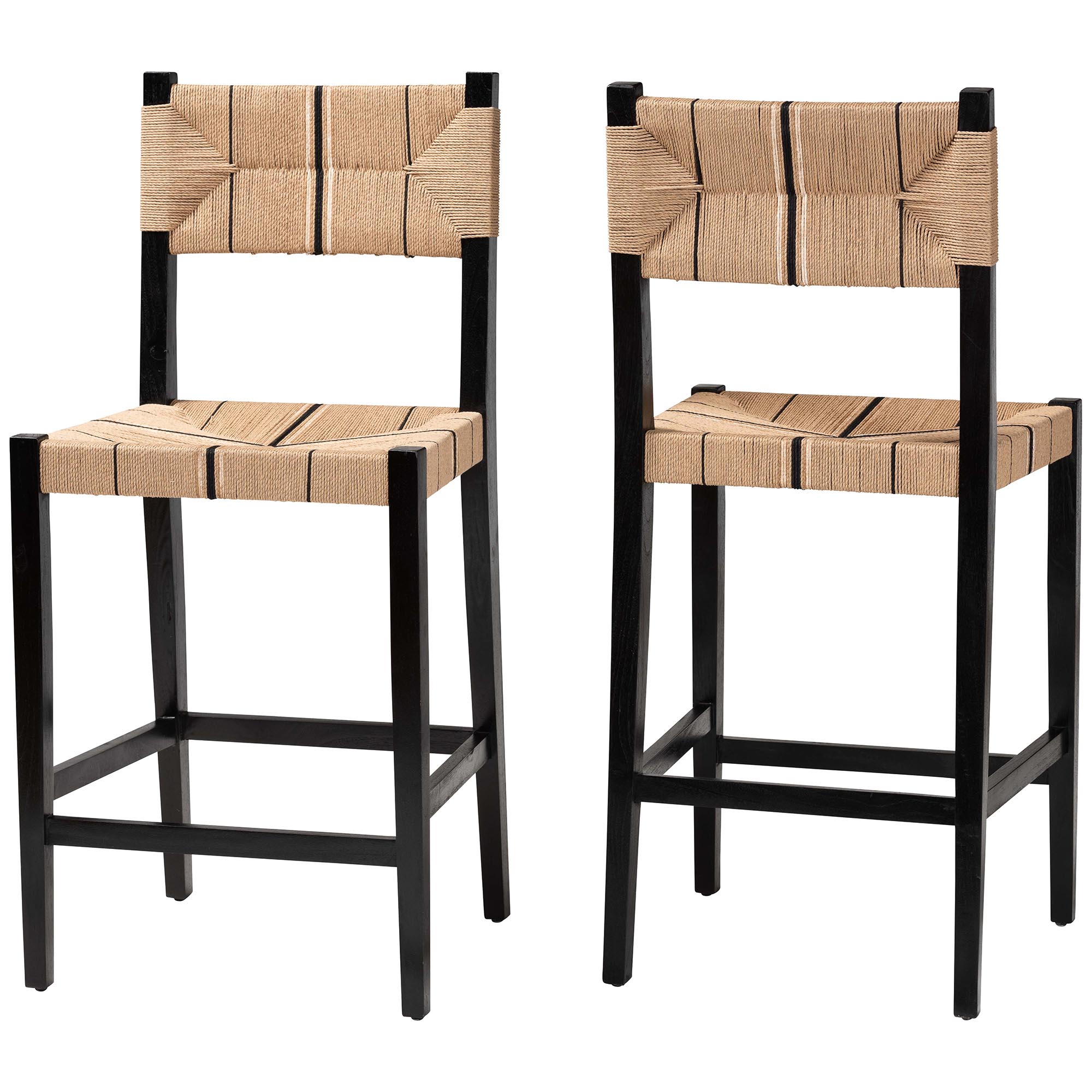 bali & pari Prita Bohemian Paper Loom and Black Mahogany Wood 2-Piece Bar Stool Set Affordable modern furniture in Chicago, classic bar furniture, modern bar stools, cheap bar stools