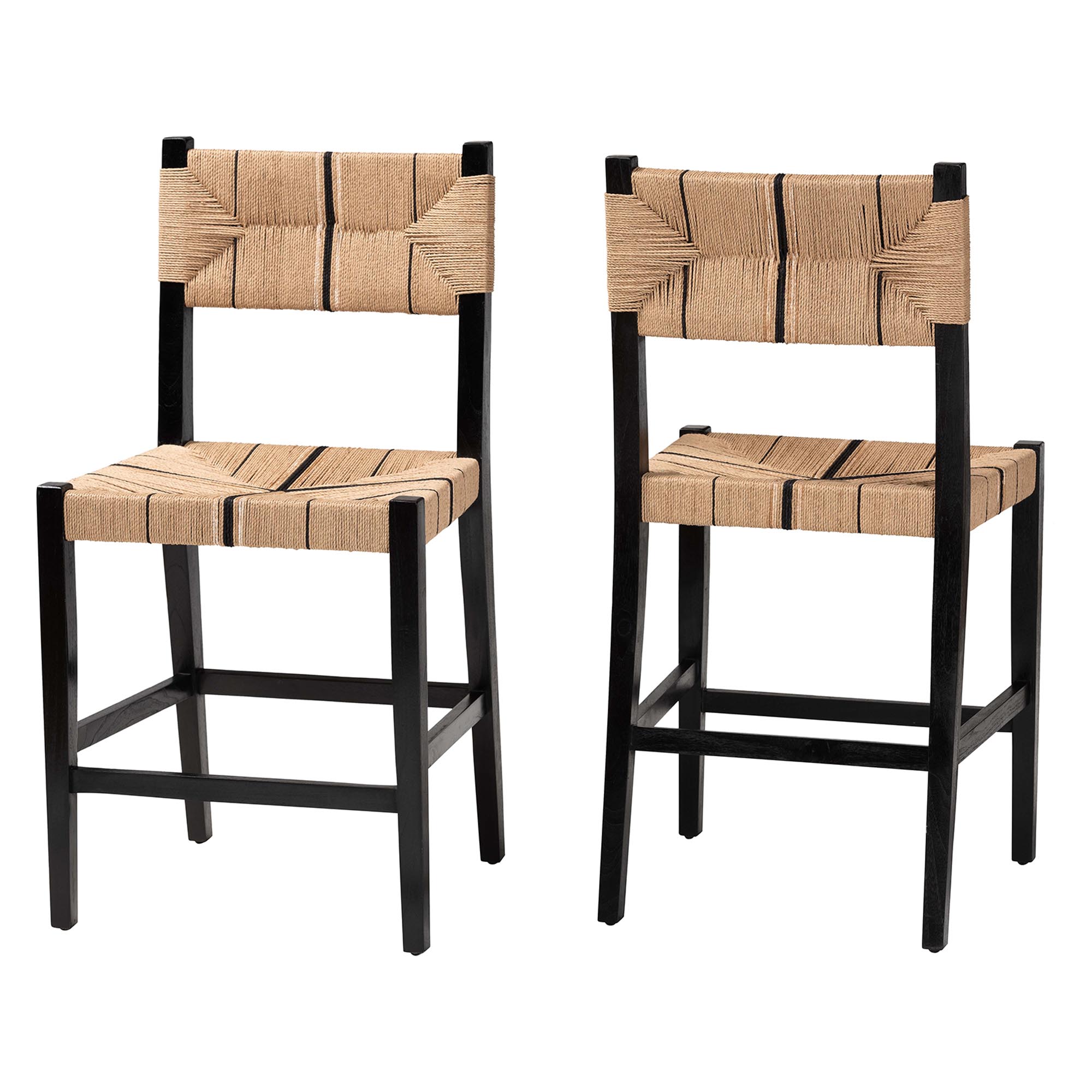 bali & pari Prita Bohemian Paper Loom and Black Mahogany Wood 2-Piece Counter Stool Set Affordable modern furniture in Chicago, classic bar furniture, modern counter stools, cheap counter stools