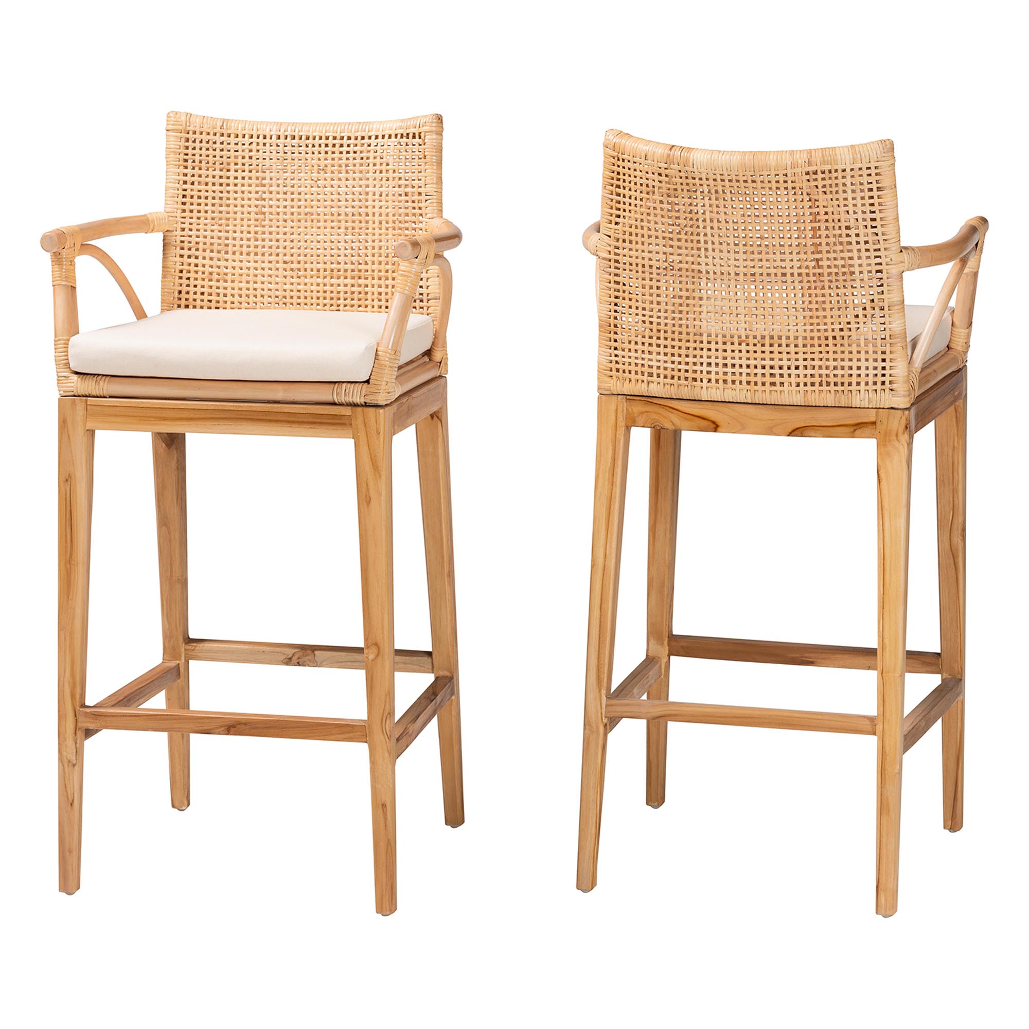 bali & pari Storsel Bohemian Natural Rattan and Teak Wood 2-Piece Bar Stool Set Affordable modern furniture in Chicago, classic bar furniture, modern bar stools, cheap bar stools