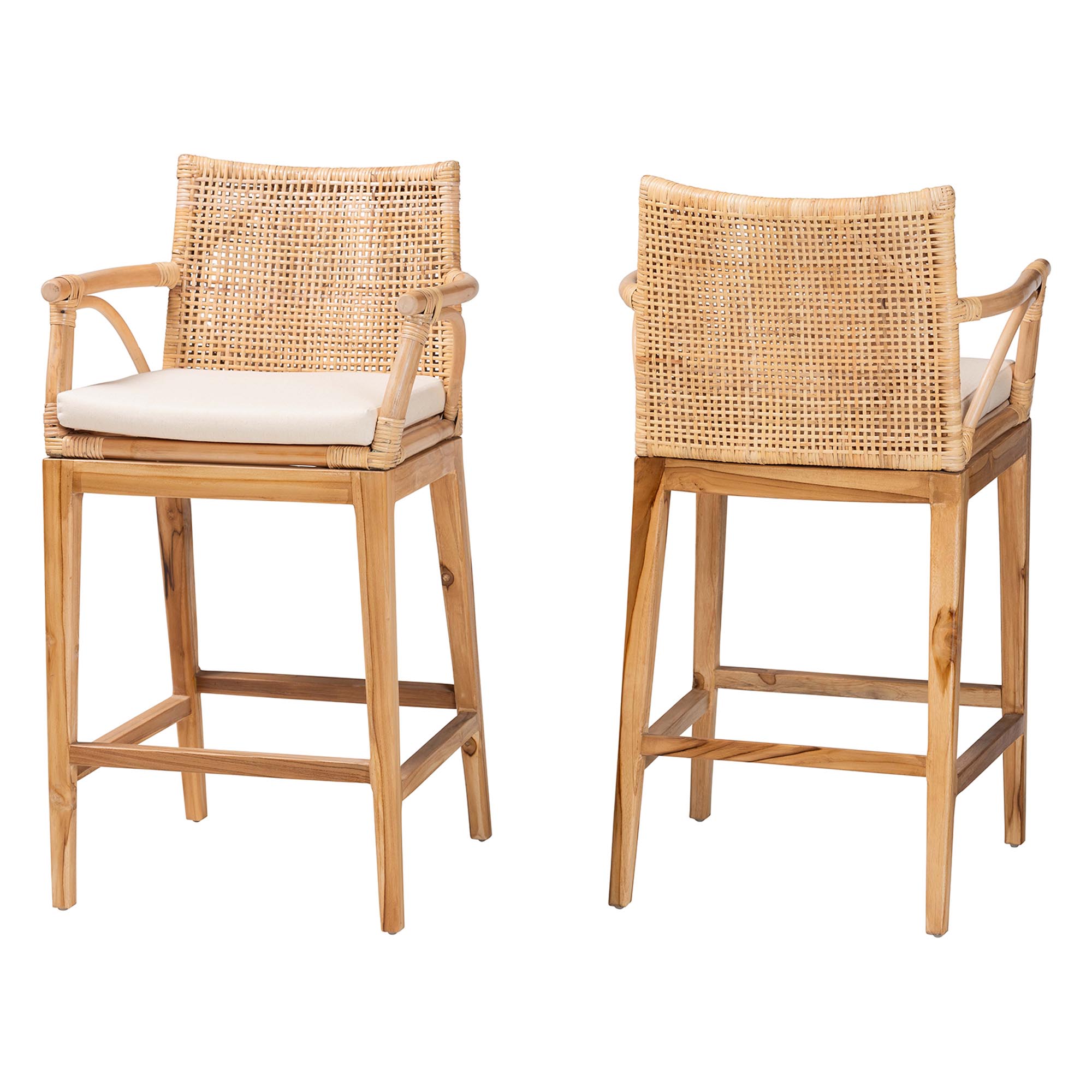 bali & pari Storsel Bohemian Natural Rattan and Teak Wood 2-Piece Counter Stool Set Affordable modern furniture in Chicago, classic bar furniture, modern counter stools, cheap counter stools