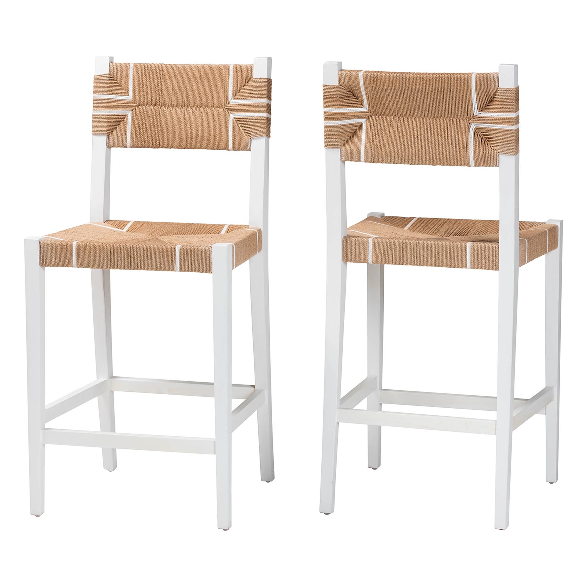 bali & pari Talli Bohemian Paper Loom and White Mahogany Wood 2-Piece Bar Stool Set Affordable modern furniture in Chicago, classic bar furniture, modern bar stools, cheap bar stools