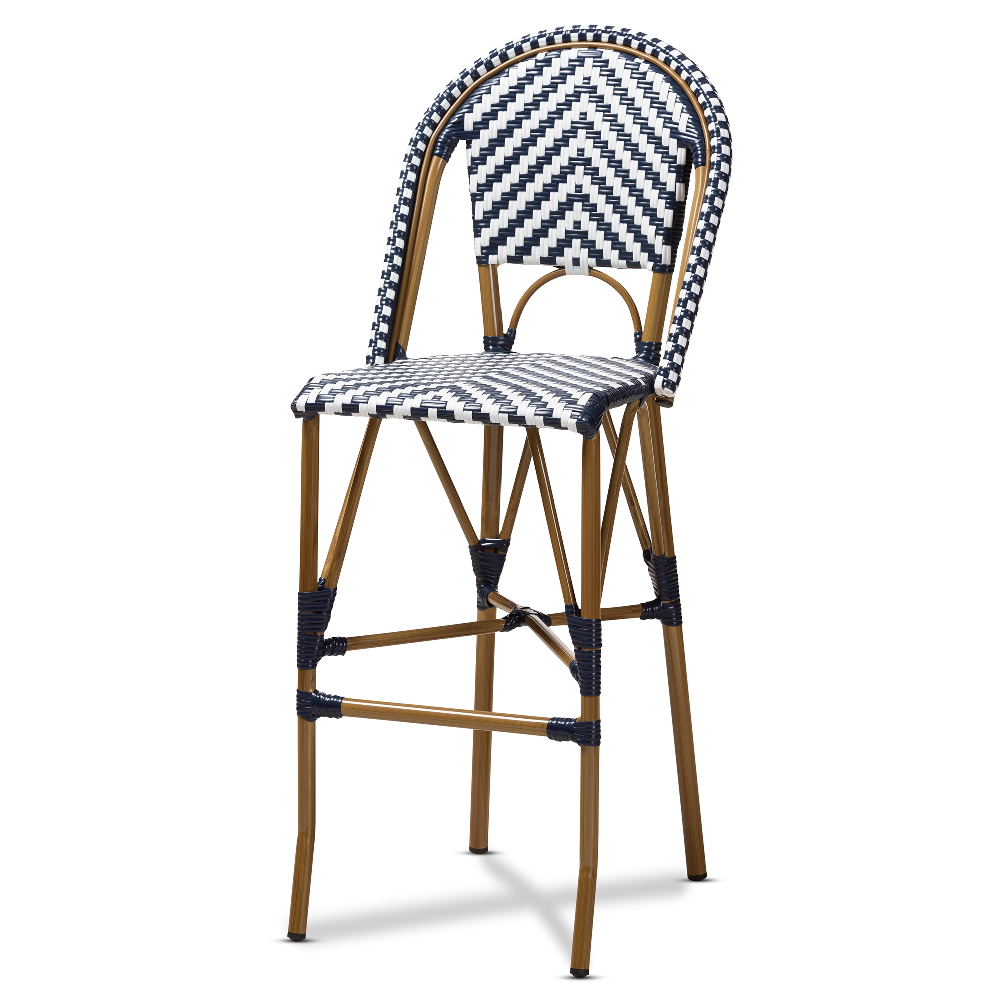 Baxton Studio Ilene Classic French Indoor and Outdoor White and Blue Bamboo Style Stackable Bistro Bar Stool